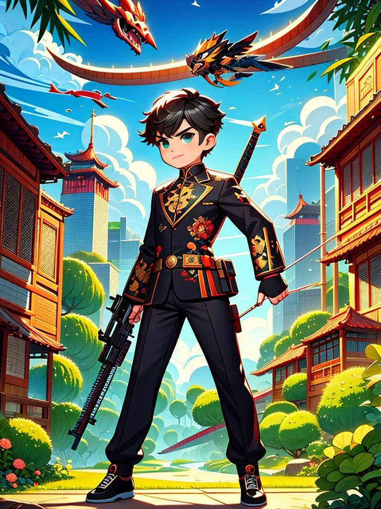 cute cartoon，Vector illustration，（A man in a stylish black suit:1.5），A futuristic agent equipped with exquisite weapons and equipment，The agent stood firm.，Be prepared，Showcasing a variety of high-tech equipment that is seamlessly integrated into the garments。The background should suggest a future urban landscape，Advanced technology and architecture visible。Agent&#39;s equipment includes innovative and advanced gadgets and weapons，Highlighting the advanced nature of the world they live in。The overall image should convey a sense of mystery、A sense of sophistication and cutting-edge technology，（ultra high definitiotomically correct，masterpiece，precise，best quality，8k), Vector martial arts illustration