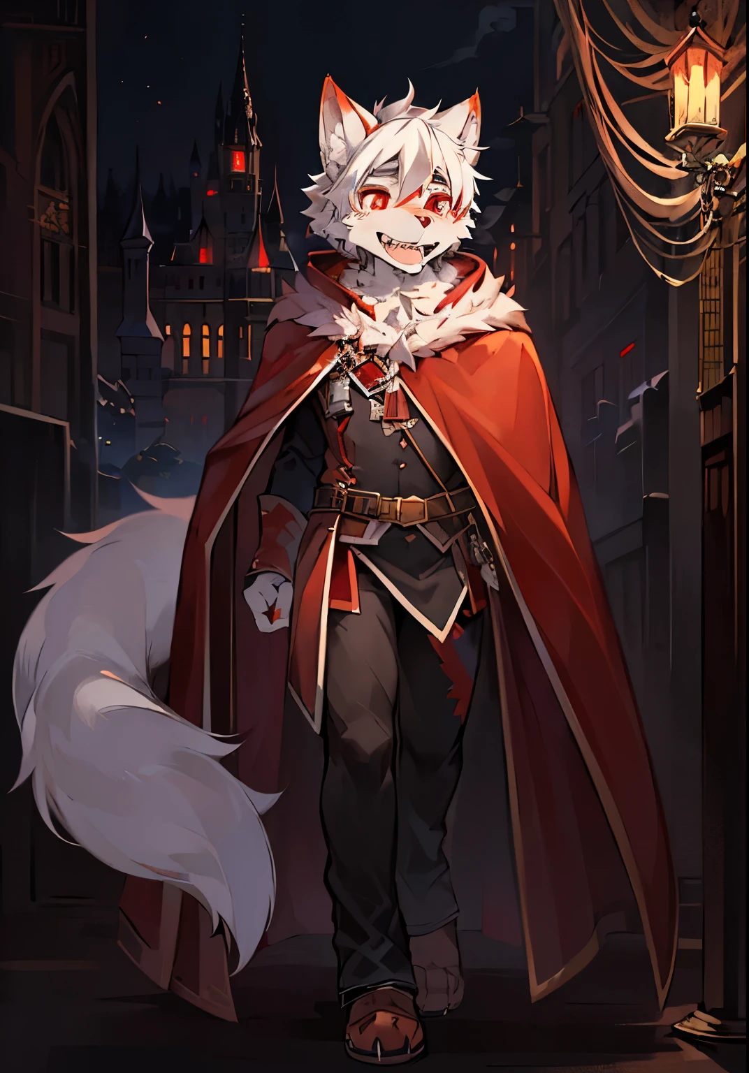(dark environment:0.8),masterpiece, high quality, H, number \(artwork\), by dagashi, Yes,Kiyoyama,(Hana charcoalo,fluffy fur,Character focus:1.1),Hana charcoalo male cat,short hair,portrait, Bright Eyes,panoramic,Character focus.(Detailed background:0.7),alone,hairy,hairy male ,male focus,Hana charcoal,(Full body fur, hairy尾巴, white fur,red eyes,white hair:1.2),(long canine teeth,vampire, cape:1.2),(Internal,night, castle, casket:1.1),flowingwater
