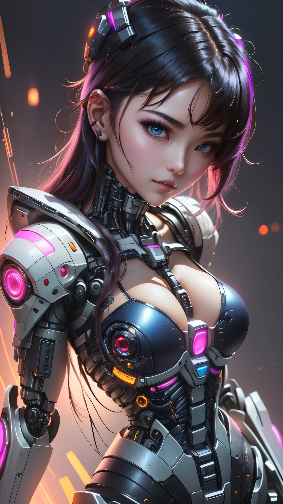 Close-up of a woman wearing a futuristic suit with pink lights, 机甲网络装甲的girl, 可爱的girl, 賽博龐克動漫girl mech, 美麗的girl機器人, 完美的安卓girl, girl, female 賽博龐克動漫girl, 機器人 - 亞洲girl, Perfect anime robot woman, Anime robot mixed with organic, 賽博龐克動漫girl, cartoon, 梦幻赛博朋克girl