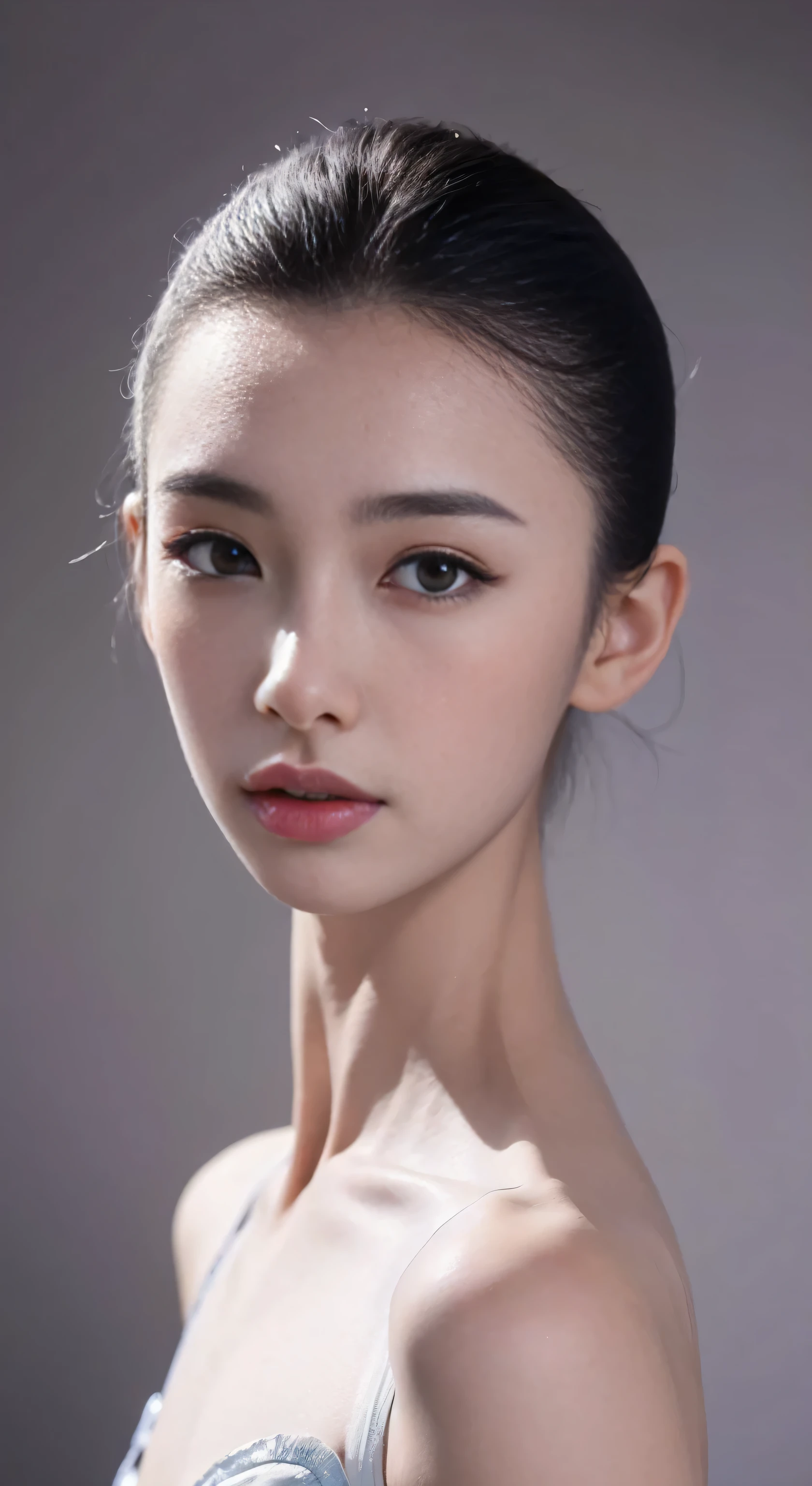 fashion model 18 years old [[[[Close-up face]]]], [[[[]]]], [[[[rape]]]], perfect eyes, perfect iris，perfect lips，perfect teeth，Perfect skin，Has fair skin，long face，slender nose，girl face，((Chinese ballet dancer&#39;s face))，Keep your eyes on the camera，A delicate face，Looking at the camera with sexy and charming eyes，take off shoulders，show your neck，low cut clothes，Raised sexy，Slim，（((face close-up:1.4))），gray background，4k ultra high definition, ultra high resolution, (lifelike: 1.4), best quality，masterpiece，（pastel colors：1.2），（face shot:1.4)