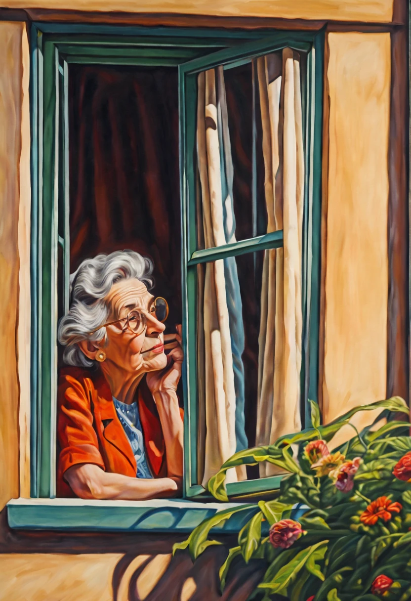 (best quality,ultra-detailed),(caricature),scene: an woman looking outside through a window (leans against the windowsill and leans out curiously), mischievous and curious. she is 75 years old and she is very courious what's happens outside. The house in a block of flats on the 4th floor. A view of the backyard shows street life, normal people walking, children plays outside. She observes and notes people's behavior throu military binoculars. medium:oil painting,material:fine canvas,additional, colors:rich and vibrant,lighting:soft golden sunlight.