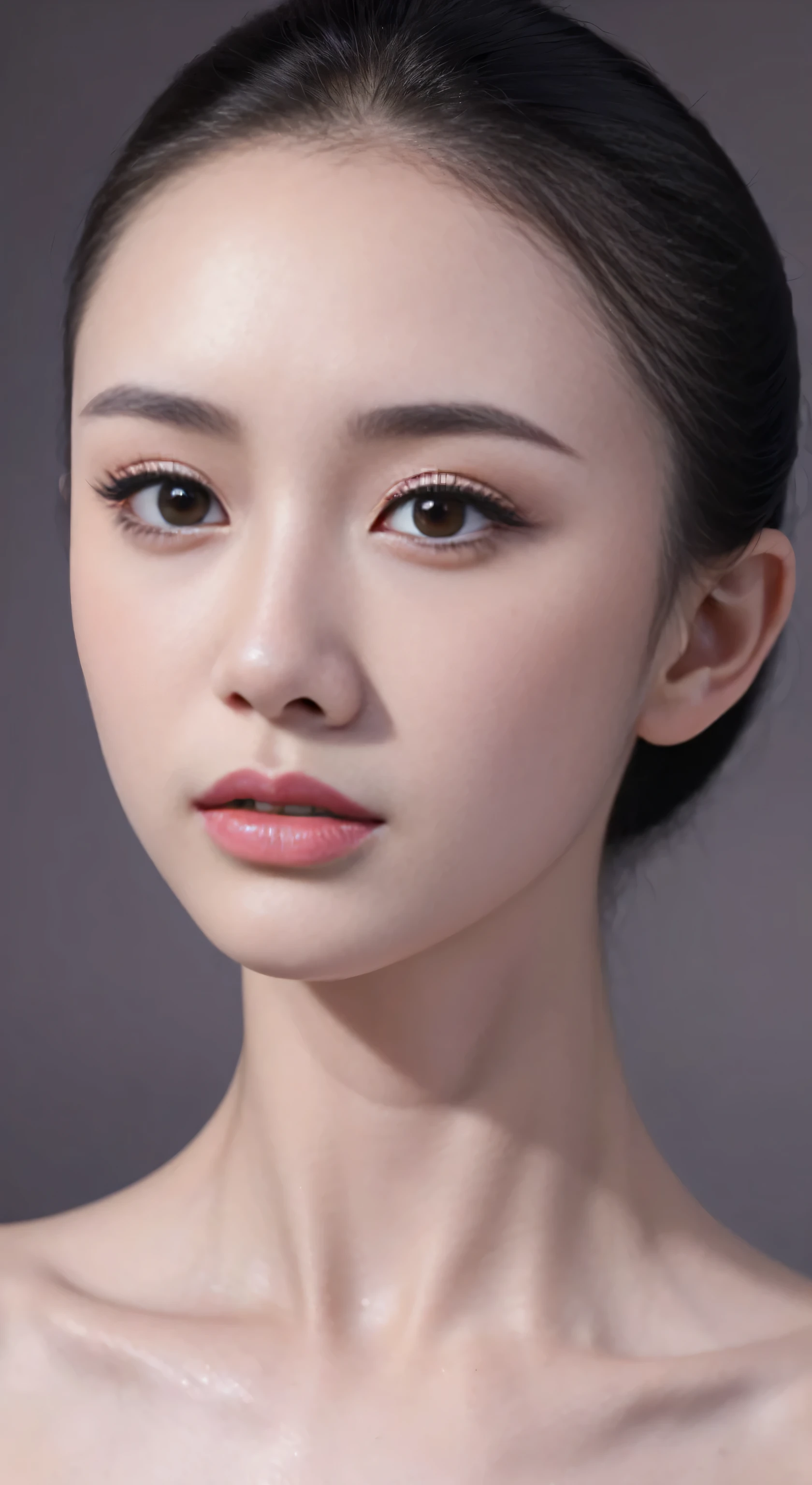 fashion model 18 years old [[[[Close-up face]]]], [[[[]]]], [[[[rape]]]], perfect eyes, perfect iris，perfect lips，perfect teeth，Perfect skin，Has fair skin，long face，slender nose，girl face，((Chinese ballet dancer&#39;s face))，Keep your eyes on the camera，A delicate face，take off shoulders，show your neck，low cut clothes，Raised sexy，Slim，（Face close-up 1.8），gray background，4K Ultra HD, ultra high resolution, (lifelike: 1.4), best quality，masterpiece，（pastel colors：1.2），（Front view 1.8)，Macro