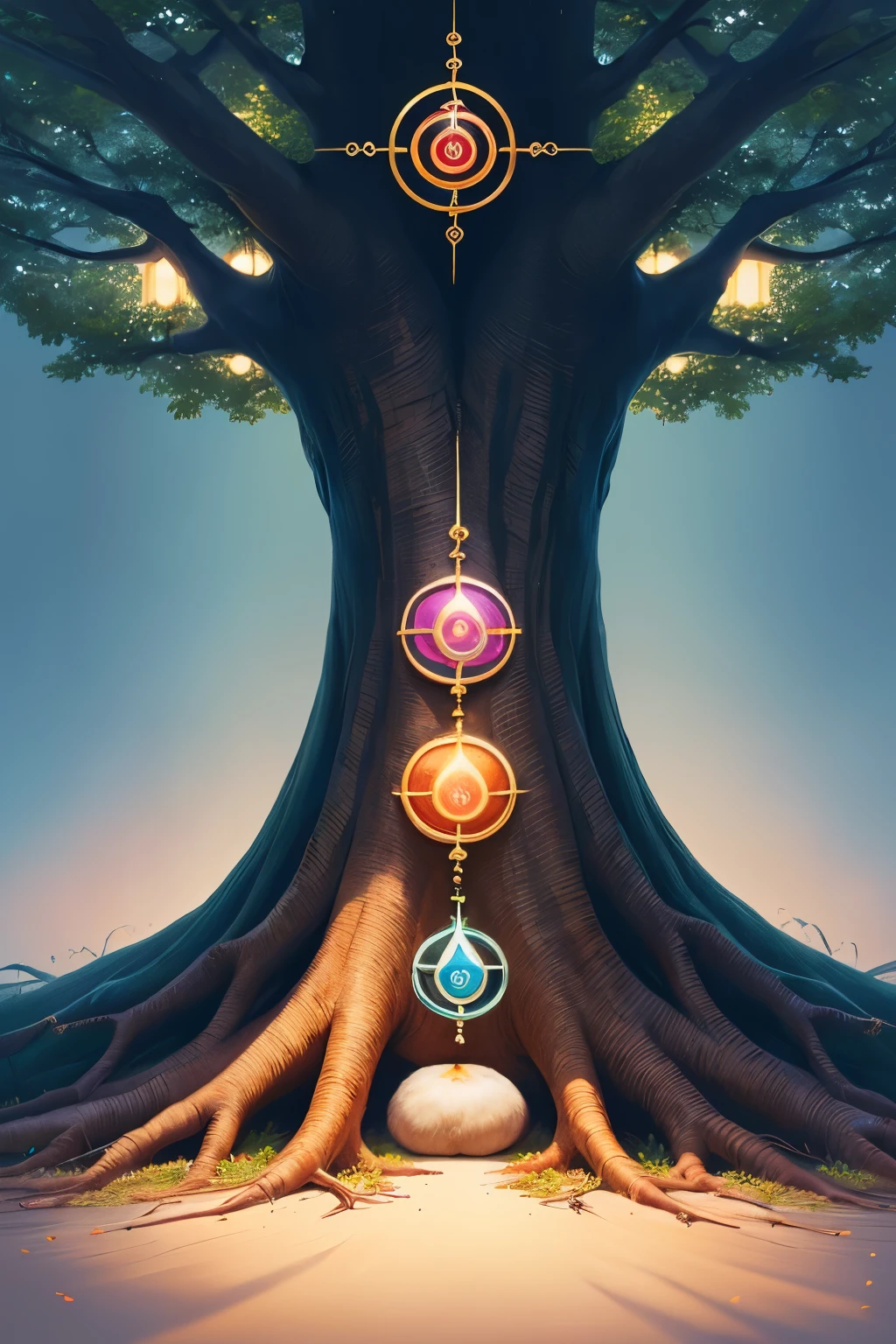 ((best quality)), ((masterpiece)), (detailed), symmetrical tree with root chakra symbol , rich colors