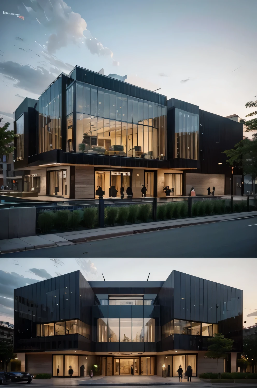 Create realistic representations of a spectacular work of architecture. The rendering should include both the exterior and interior of the building. Emphasize the impressive aesthetics of the exterior architecture, be it a modern skyscraper with shiny glass facades or a historic building with magnificent details. Show the interiors at the same time, which can be either modern and minimalist or artistic and inviting. Achte darauf, realistische Licht- und Schatteneffekte zu integrieren, to highlight the depth and atmosphere of both the exterior and interior. Ziel ist es, to convey the architectural beauty and welcoming atmosphere of the building in both views