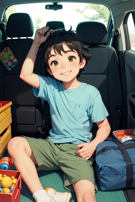 a happy  boy playing with toys in the back of a minivan. simple art inspired by Studio Ghibli's visual style