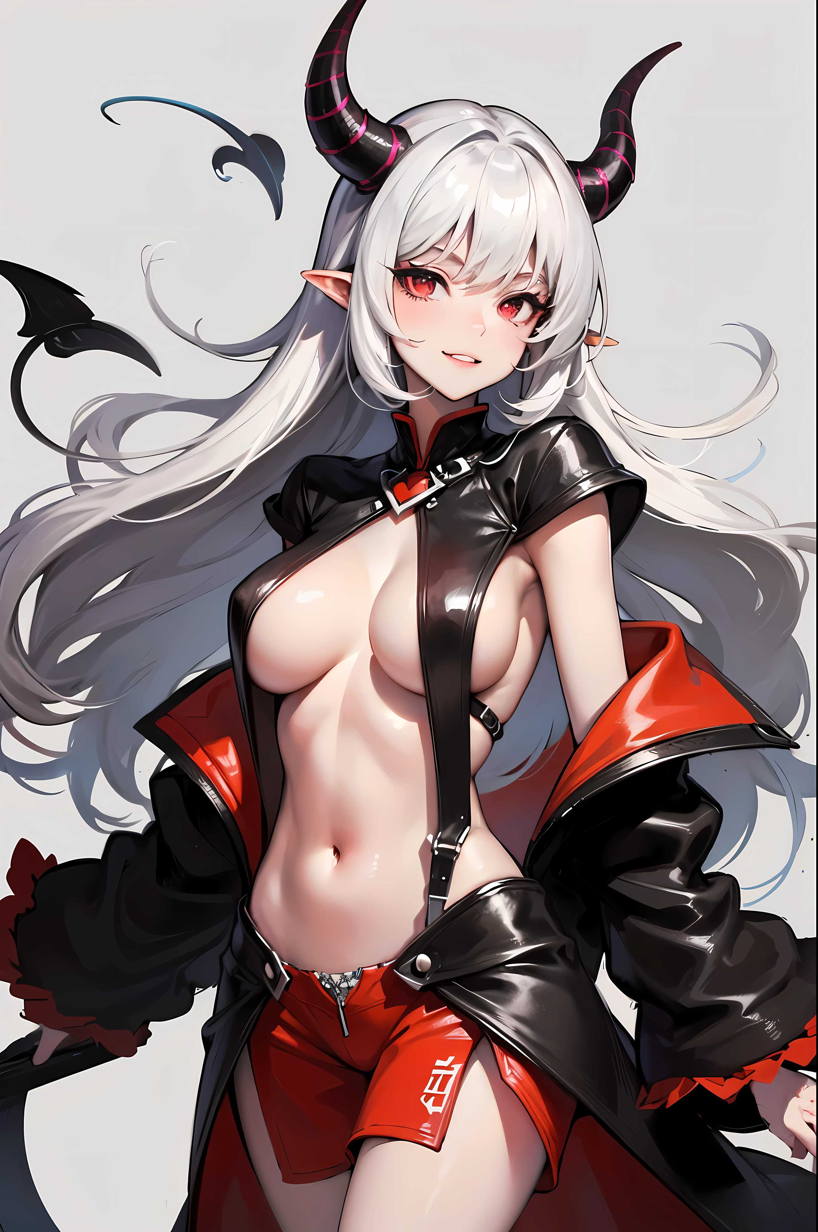 black milf, black skin, long white hair, devil horns, red eyes, devil princess dress, open chest, inner flank, under the chest, wide neckline, smirk, open your stomach, masterpiece, high quality, big bust, wide hips