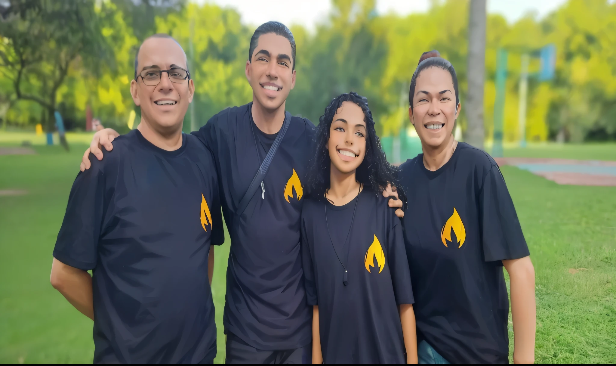 there are four people together in a park wearing black shirts, usando chamas tumultuosas, chamas ao fundo, pequenas chamas, foto de familia, foto de grupo, imagem de avatar, beautiful scenery, chamas no fundo, album photo, fogo ao fundo, com fogo, fogo e chamas, powder Nándor Katona, tochas acesas ao fundo