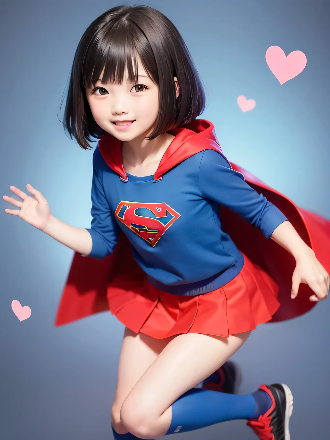 A very elementary school student is wearing Supergirl clothes..、A masterpiece of clear images、highest quality、Spreading black hair、bob cut with trimmed ends、(flat chest)、lolicon、blue clothes、red cloak、short sleeve、belly button、many pink hearts、tropical beach、(whole body)、smile、10 years old