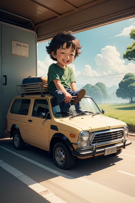 a happy little boy playing with toys in the back of a minivan. simple art inspired by Studio Ghibli's visual style