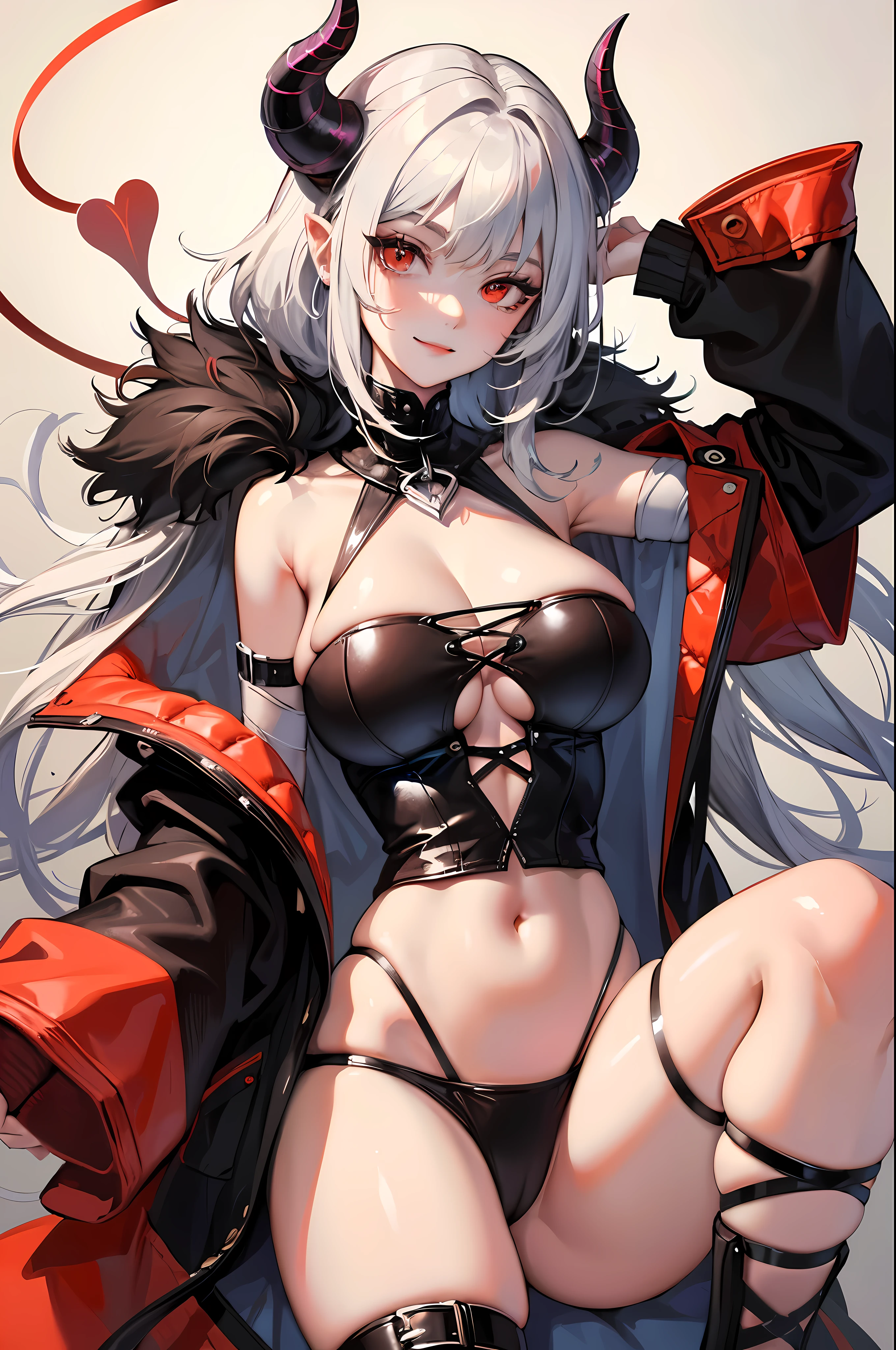 black milf, black skin, long white hair, devil horns, red eyes, devil princess dress, open chest, inner flank, under the chest, wide neckline, smirk, open your stomach, masterpiece, high quality, big bust, wide hips