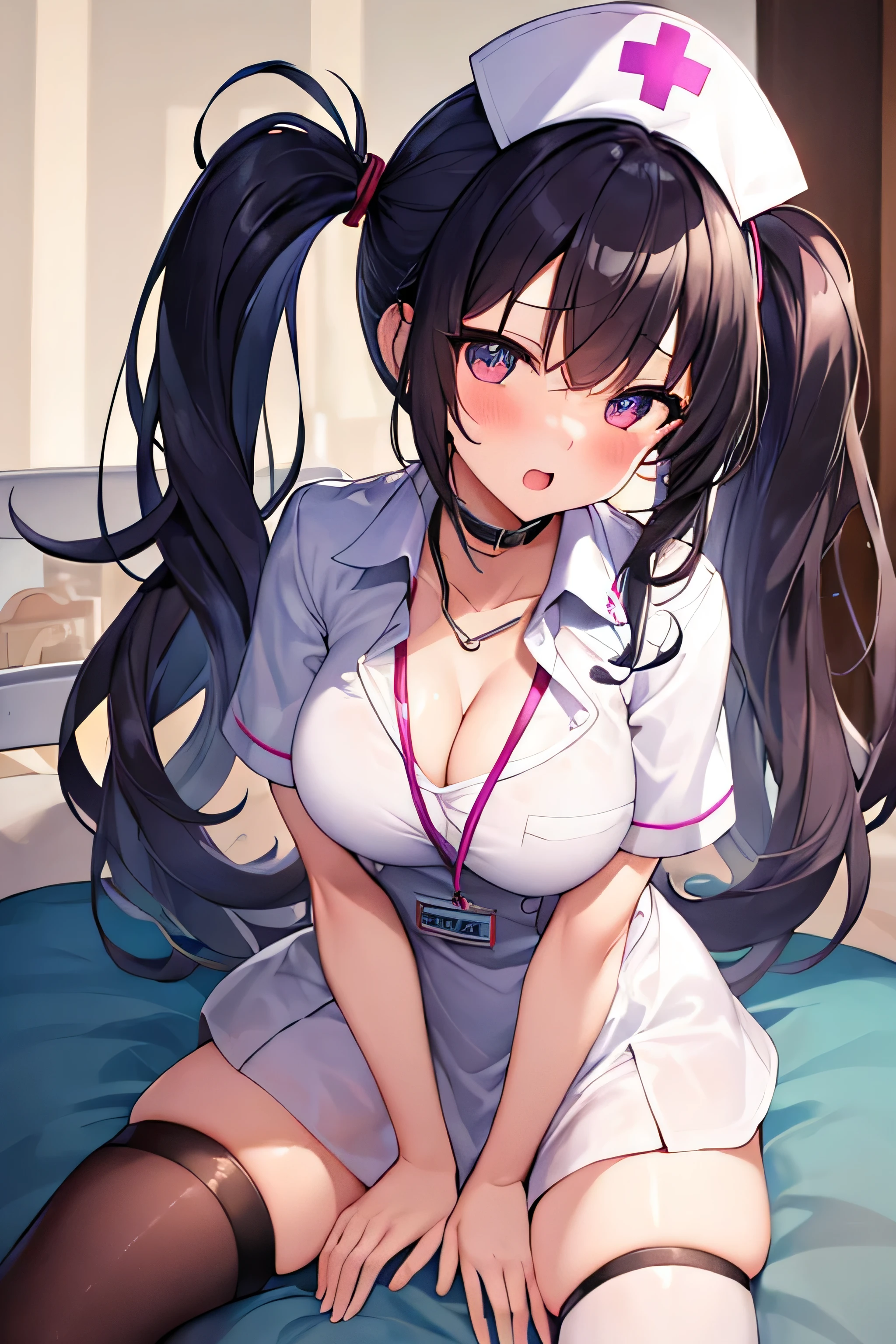 masterpiece、best image quality、ultra high resolution、age girl with big breasts、twin tail hairstyle、black hair、red face、shyly、mock、Open your mouth just a little、A short-sleeved white nurse uniform that shows the cleavage of a teengirl、white thigh high socks for teenage s、well-shaped lower body、nurse cap、Inside the hospital