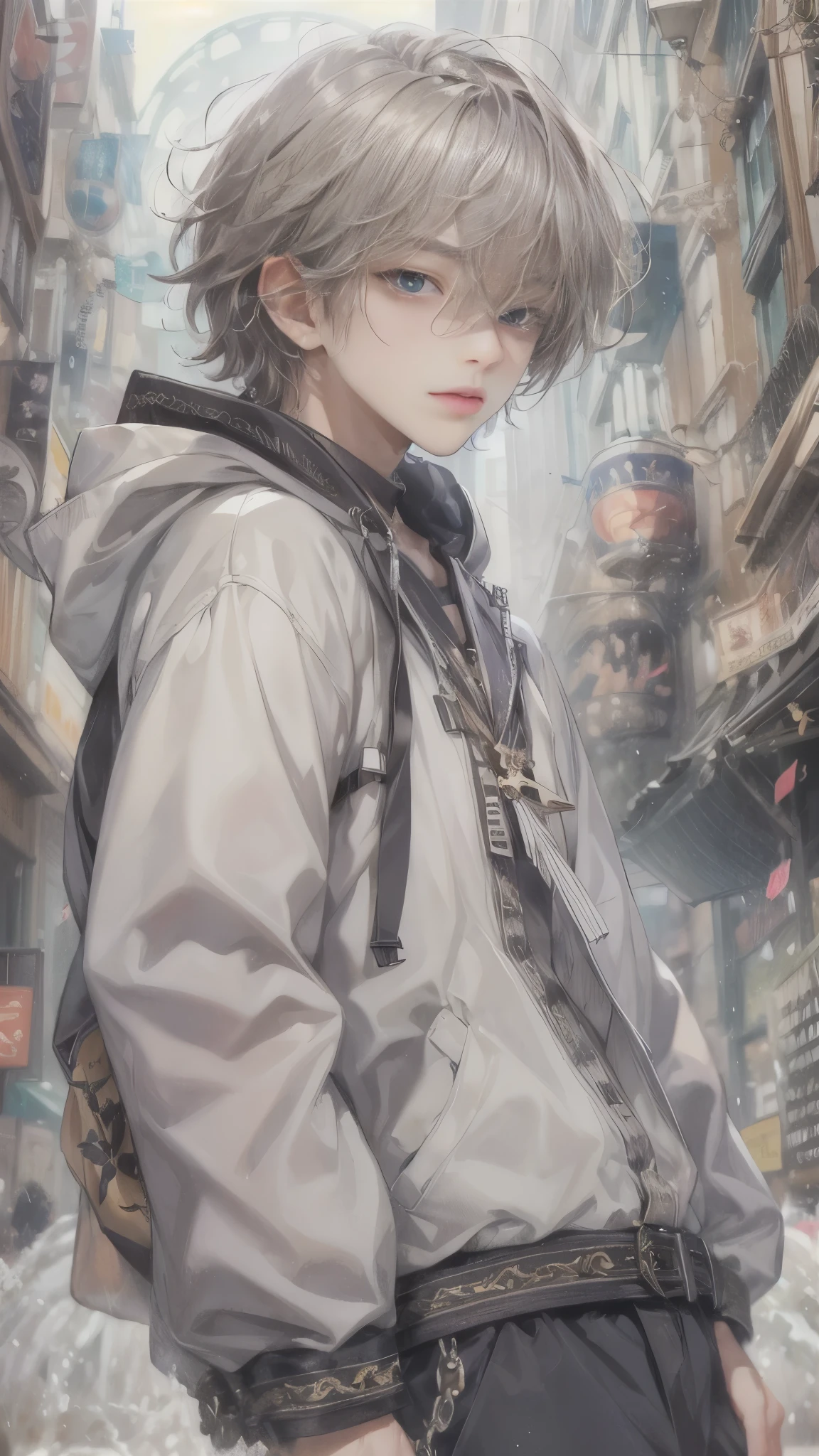 (absurdres, highres, ultra detailed, HDR), masterpiece, intricate, best quality, portrait of a student boy character from Ikemen Shoujo Manga, eyes on viewer, a male idol in a hoodie in a detailed scenery school background , kpop idol