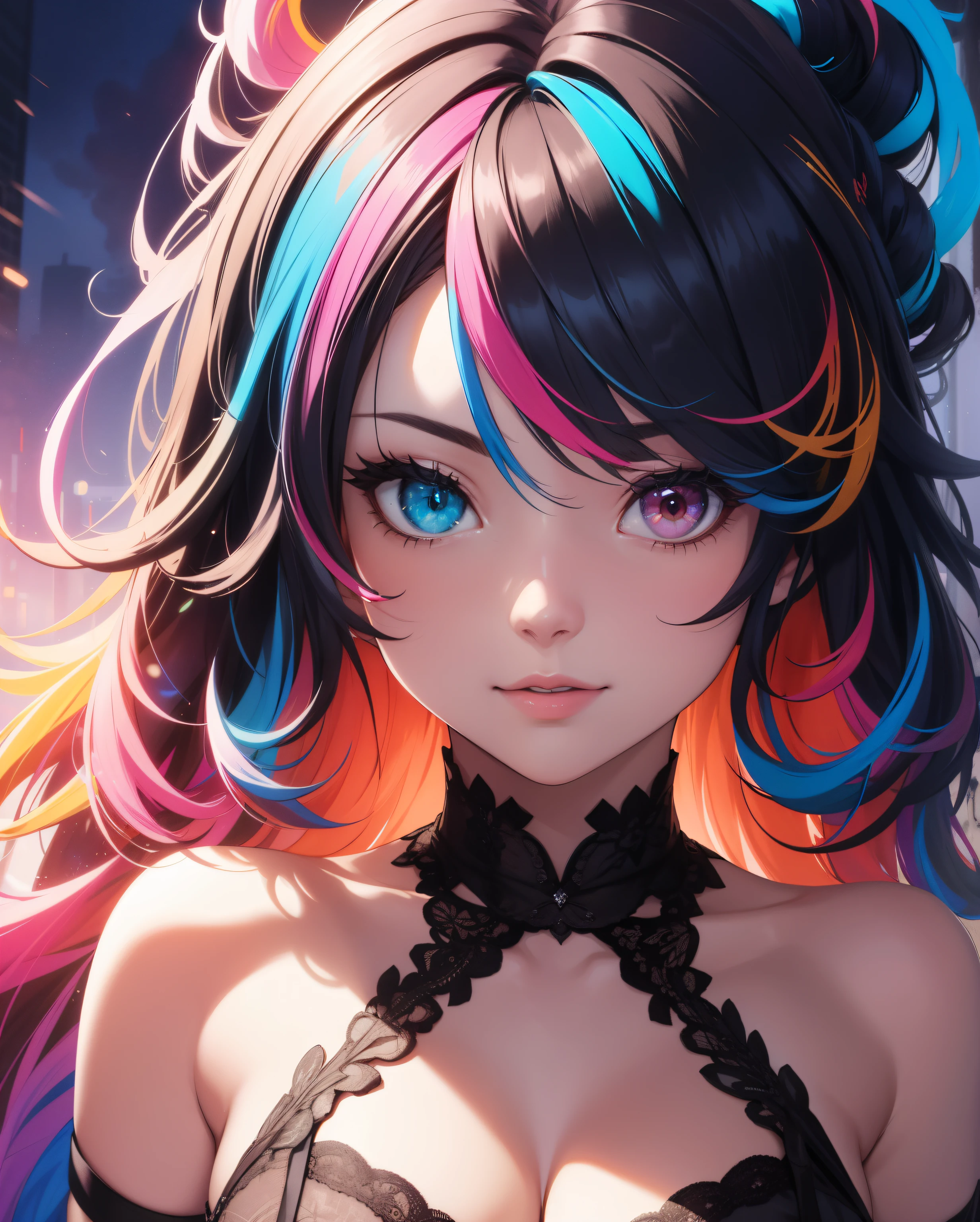 {{masterpiece}}, best quality, Extremely detailed CG unified 8k wallpaper, Light, 镜头Light晕, beautiful details eyes, Black, underwear, White lace bra, multi color hair, colorful Light, particle, heterochromia, (colorful:1.5), (colorful hair:1.5)