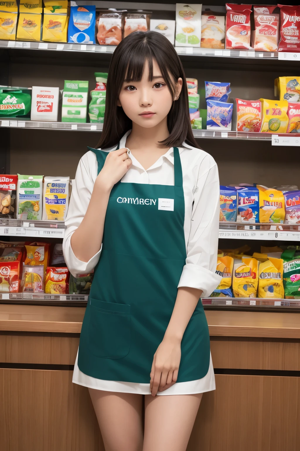 one girl, (a beauty girl, delicate girl:1.3), (15 years old, :1.3),歯を見せる笑顔
break, (shirt, green apron, family mart:1.3),巨乳
break, extremely fine-grained clarity, (symmetrical eyes:1.3),Plump thighs、full body figure、セミロングヘア
break, (Inside a convenience store:1.3), perfectly trimmed fingers,
break, small breasts, brown eyes, parted bangs, brown hair, girl,
break, (Eye and face details:1.0),
break, (masterpiece, highest quality, super detailed, detailed face, 8k)