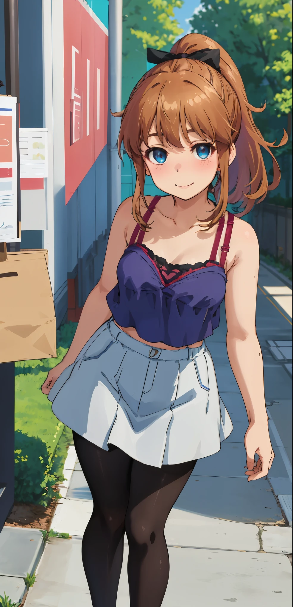 best quality, (masterpiece:1.2), highly detailed, standing, street,
1girl, solo, akatsuki minami,
looking at the viewer, closed mouth, smile, slight blush,
blue eyes, brown hair, ponytail, hair bow, sleeveless, ((bra, pantyhose))