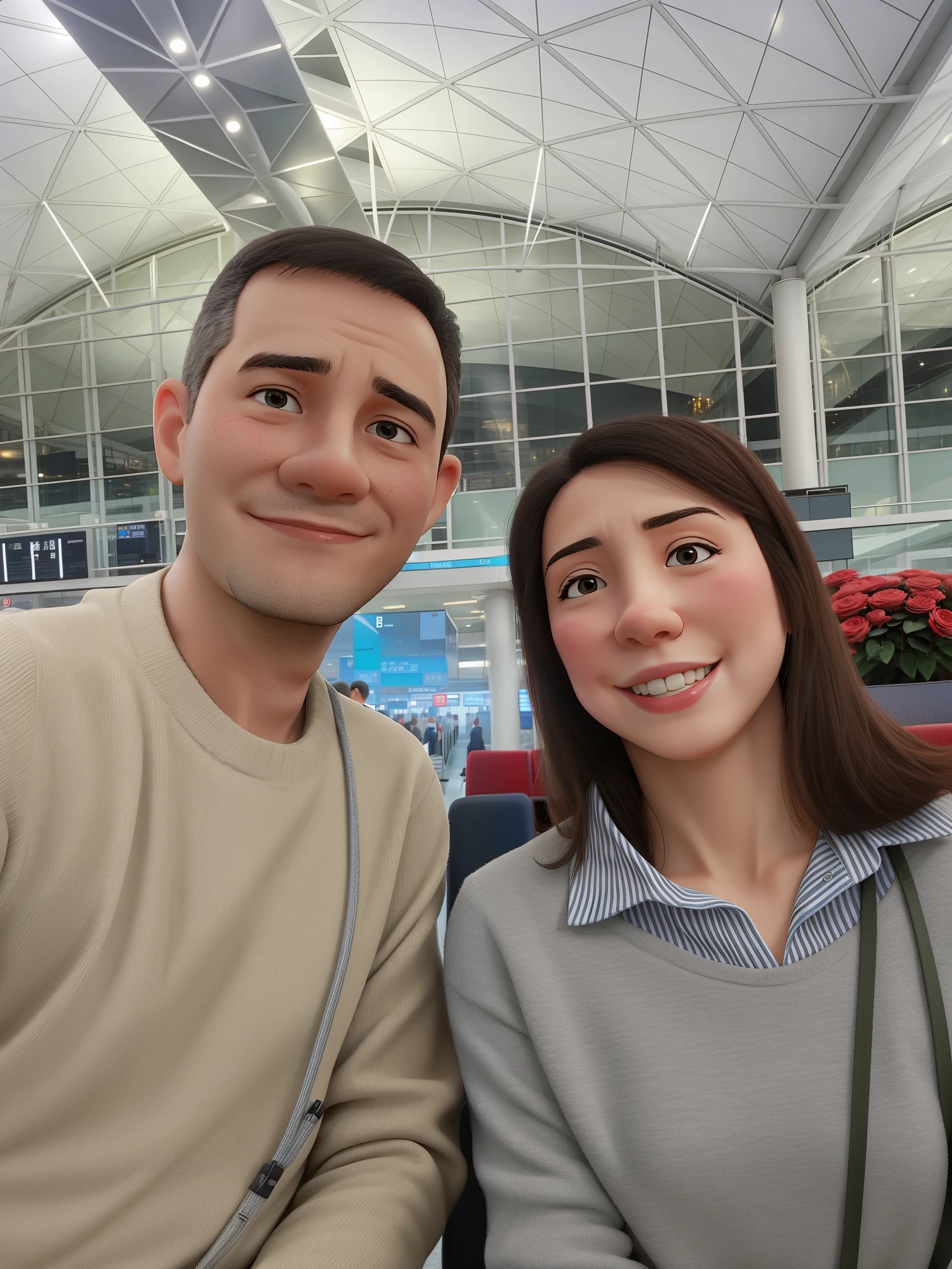 there are two people sitting together in the hong kong airport hall, upright, in hong kong, happy lovely couple