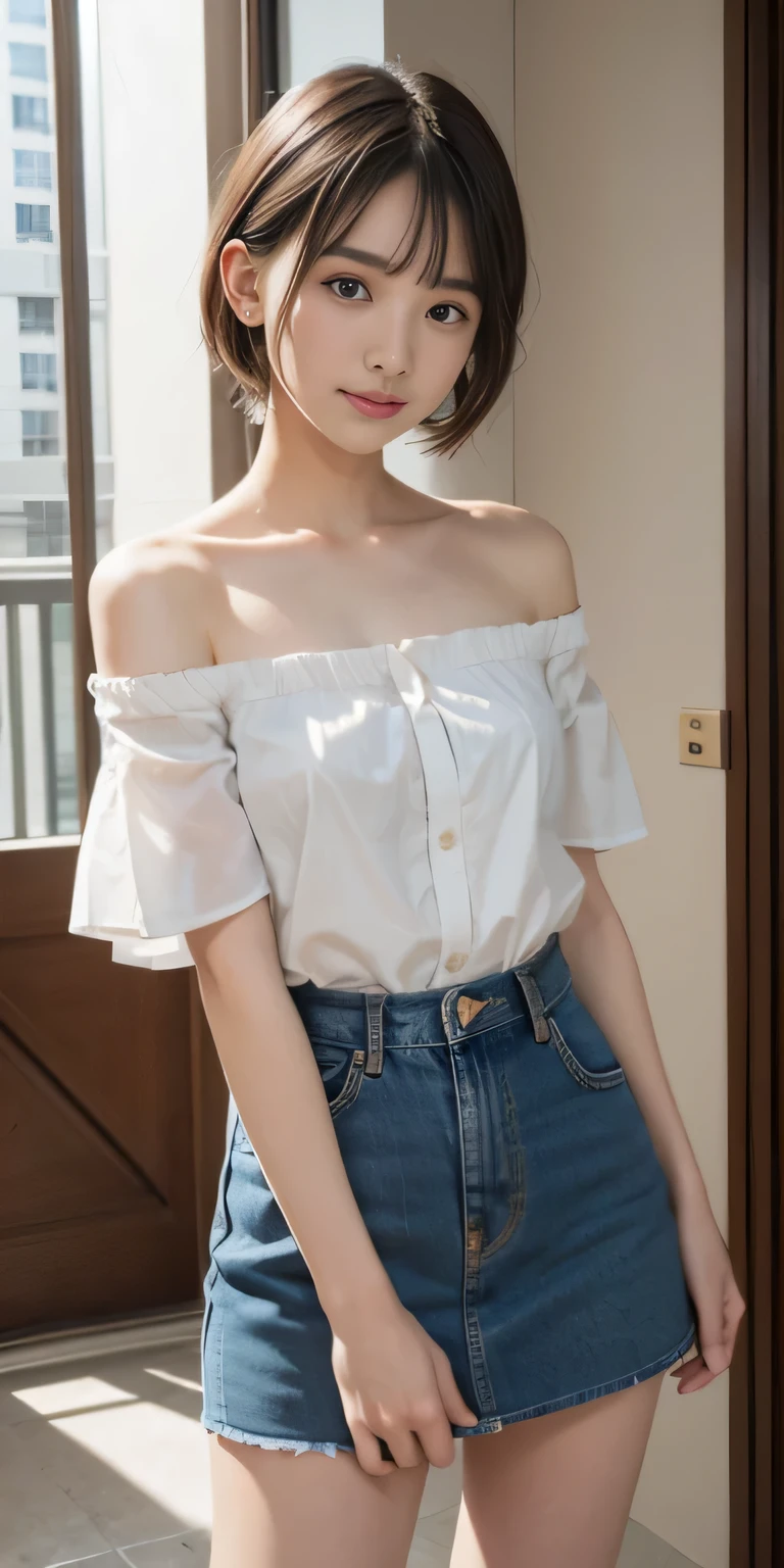 (8k,RAW photo、RAW photo、highest quality、master masterpiece:1.2)、1girl、1middle aged male、Super detailed、super resolution、(Photoreal:1.3)、((cowboy shot:1.4))、Clearly depicts the shadows of light、High resolution RAW color photos、professional photos、(((Tower apartment entrance:1.4)))、I draw it faithfully to the anatomy...、very detailed and beautiful、super high quality、((extremely short hairstyles:1.4))、((エントランスに立っているgirl:1.4))、((White collar short sleeve off shoulder shirt:1.4))、((white short sleeve off shoulder cotton shirt:1.4))、((Denim skirt that highlights your thighs:1.4))、Upper body、((ポシェットを肩に掛けているgirl:1.4))、((smile:1.4))、