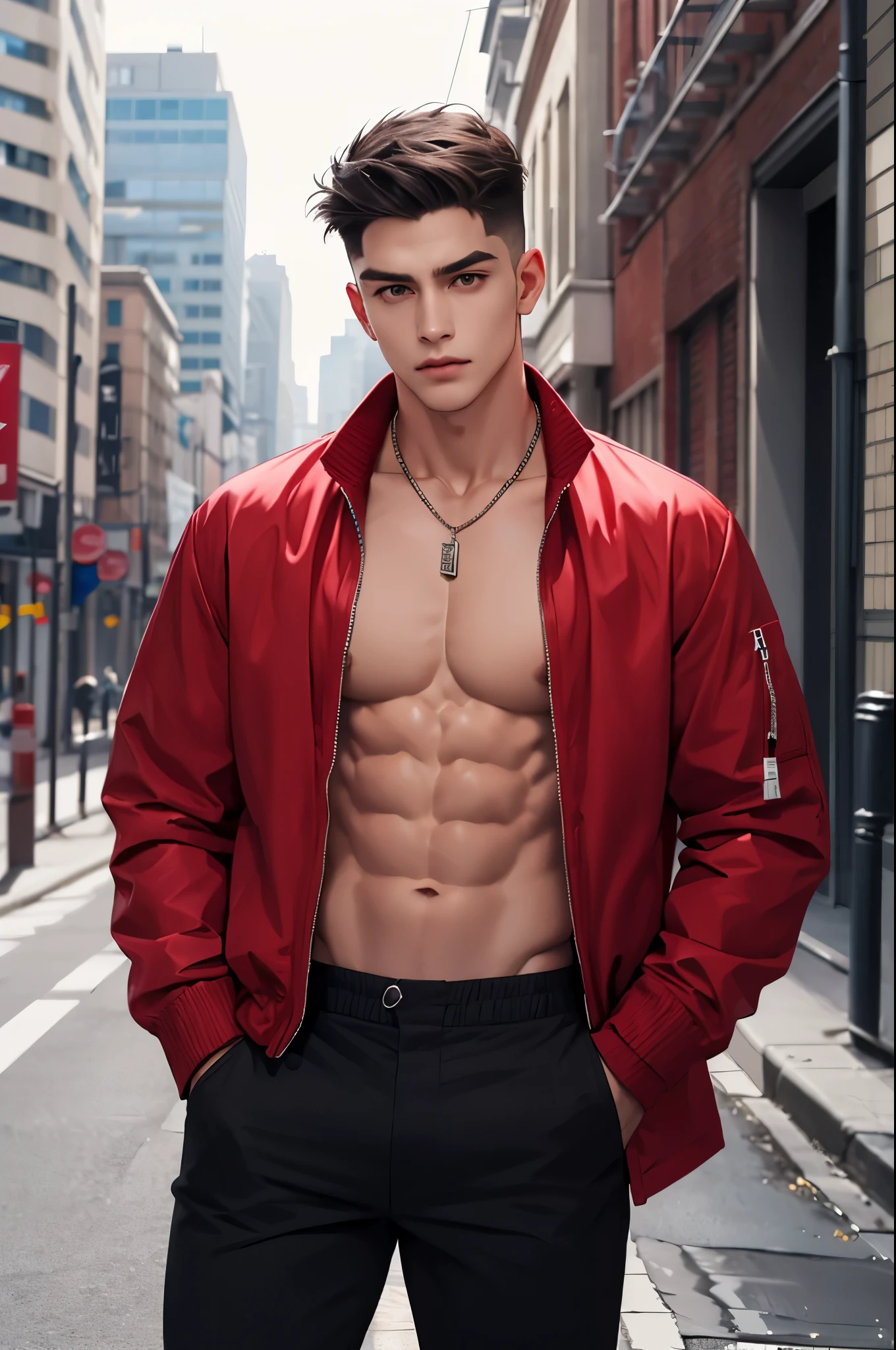 1boy,male focus, red jacket, solo, jewelry, hair, open jacket, open clothes, short hair, outdoors, looking at viewer, necklace, pants, red jacket, closed mouth, covered abs, hands in pockets, pectorals, black pants, muscular, city, muscular male, building, undercut,