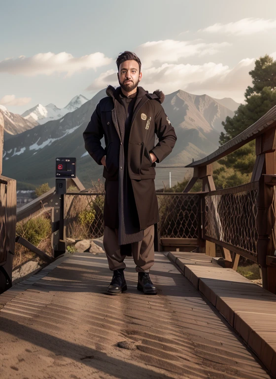 arafed man standing on a bridge with his hands on his hips, khyzyl saleem, full body picture, with mountains in the background, sayem reza, an afghan male type, ash thorp khyzyl saleem, with mountains in background, standing on a bridge, full body photogenic shot, profile picture 1024px, professional picture