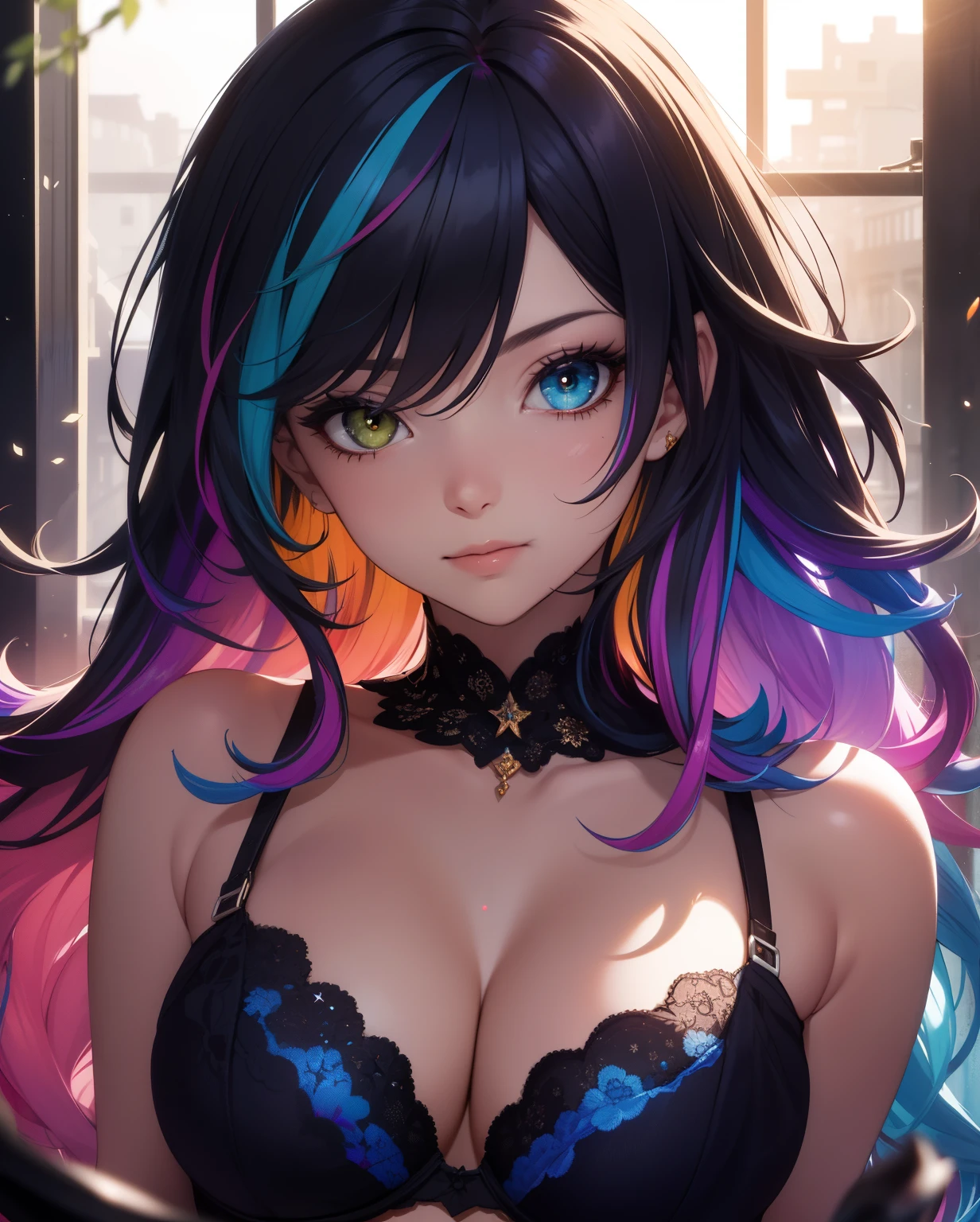 {{masterpiece}}, best quality, Extremely detailed CG unified 8k wallpaper, light, lens flare, beautiful details eyes, Black, underwear, White lace bra, multi color hair, rich and colorful light, particle, heterochromia, (rich and colorful:1.5), (rich and colorful hair:1.5)