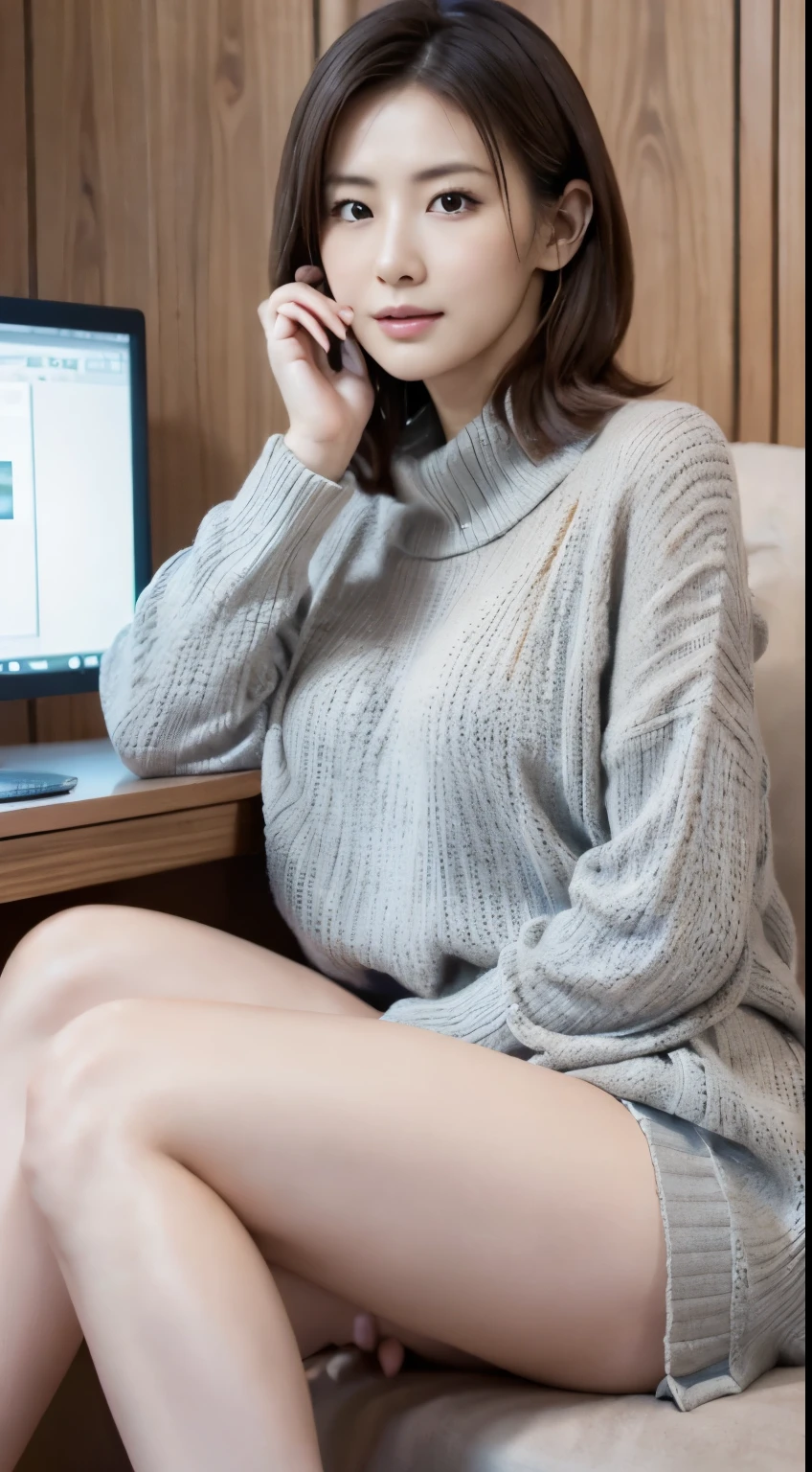 Photorealistic beautiful nurse、amazingly beautiful、((sweater))、(Kitagawa Keiko)、(highest quality、8k、32K、masterpiece、nffsw:1.3)、ultra high resolution,(Photoreal:1.4),RAW photo, detailed face,,beautiful hair、very short hair 、nipple、 natural makeup,, small perfect breasts、((company、president&#39;office、Calling on my smartphone while working on my computer.)), detailed background, perfect lighting, Depth of written boundary, beautiful shadow gradation ,、thin limbs、thin thighs、(whole body)、