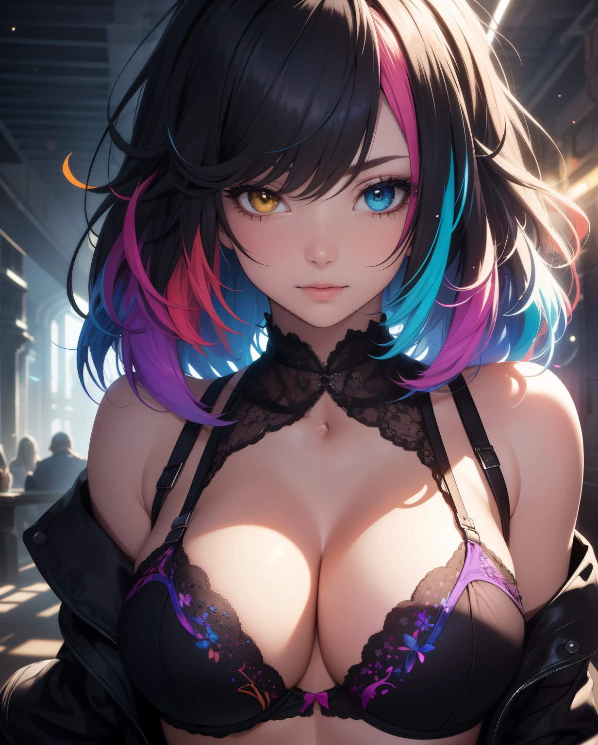{{masterpiece}}, best quality, Extremely detailed CG unified 8k wallpaper, light, lens flare, beautiful details eyes, Black, underwear, White lace bra, multi color hair, rich and colorful light, particle, heterochromia, (rich and colorful:1.5), (rich and colorful hair:1.5)