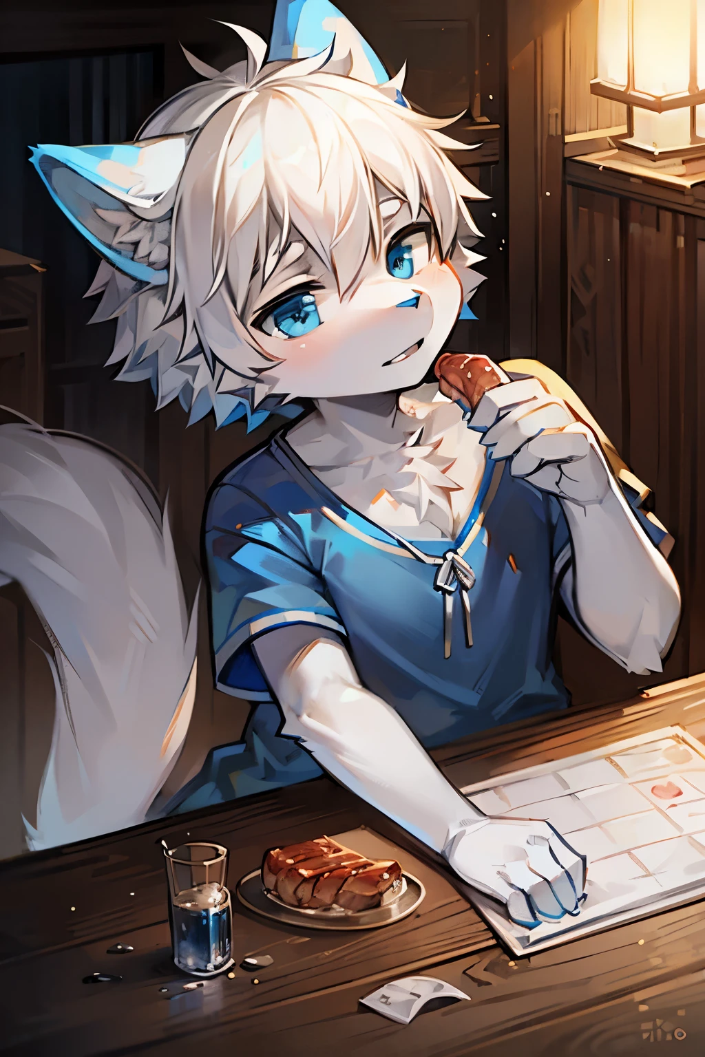 1 Chico, Wolf, white and blue fur, young people, blue eyes, messy hair, white hair, short hair, masterpiece, Very detailed, Casual Clothing,meat pad