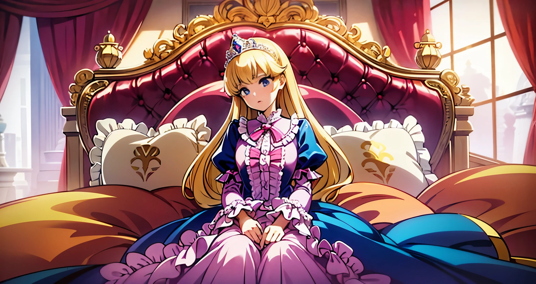 ,highest quality, masterpiece, highest resolution, artwork, super それにget used to it, many get used to it, get used to it, それにget used to it, 3K anime illustration,,(( When I )),Super detailed baby face,She isss,Full length ball gown dress with hoop skirt,ruffled yoke collar,puff sleeves,long sleeve,((Lolita style hot pink detailed princess satin dress、Comes with lots of frills and ribbons。)),colorful rococo fashion,shiny satin dress,Soft and smooth fabric,luxury,long blonde hair,blue eyes,white skin european,pajamas,((inside the palace)),,,(( When I was 10 years old)),Super ce,Full length ball gown dress witirt,long skirt,ruffled yoke collar,puff sleeves,腰まで伸びるlong blonde hair,blue eyes,white skin european,pajamas,((inside the palace bedroom)),ピンクのシルクサテンのluxuryなcanopy bedの上,canopy bed,luxurious curtains under the canopy,many frilly pillows on the bed,super detailed background,detailed bed,silk satin bed sheets,soft silk satin comforter,Soft silk satin ruffled pillow in pastel colors,little princess is sitting on the bed,legs are hidden in the dress,Don't put your feet out to the side,Beautiful girl illustration,detailed beautiful face detailed hair,detailed human eye ,detailed mouth, arm details,fine hands,Detailed pillow,Frilly pillows piled up behind the girl,