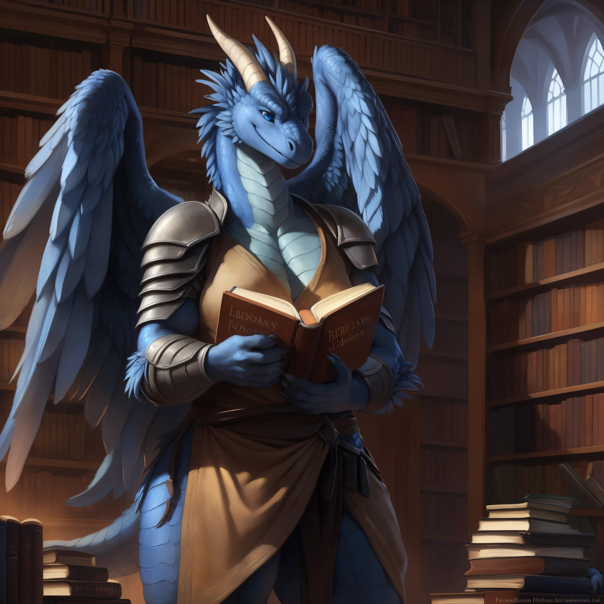 (((solo))), hd, a beautiful and detailed portrait of a big female feral scalie, dragon, saphira, golden skin, blue feathered wings, horn, (((library, books, detailed background))), (((big breaths, huge , covering self))), template, blue scales, blue eyes, blue body, big body, big blue feathers, big blue scales, non-mammal breasts, membranous wings, sexy body. tan_countershading, tan body, goddess, kenket, Ross Tran,ruan jia, trending on artstation, foxovh, cenematic lighting, body, front view, close up view, big , black under shirt, battle armor, (((standing, reading a book, smile)))
