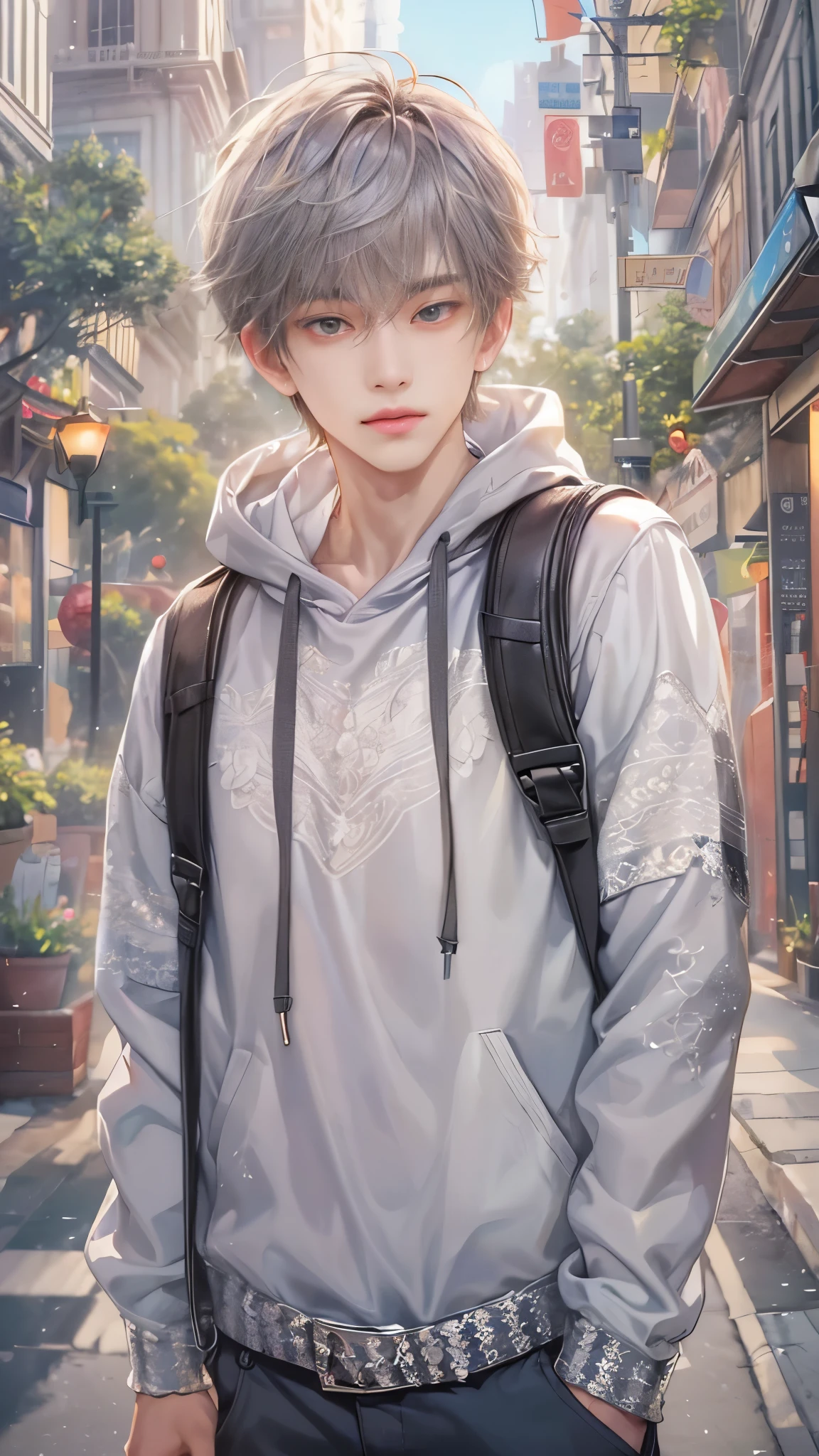 (absurdres, highres, ultra detailed, HDR), masterpiece, intricate, best quality, portrait of a student boy character from Ikemen Shoujo Manga, eyes on viewer, a male idol in a hoodie in a detailed scenery school background , kpop idol