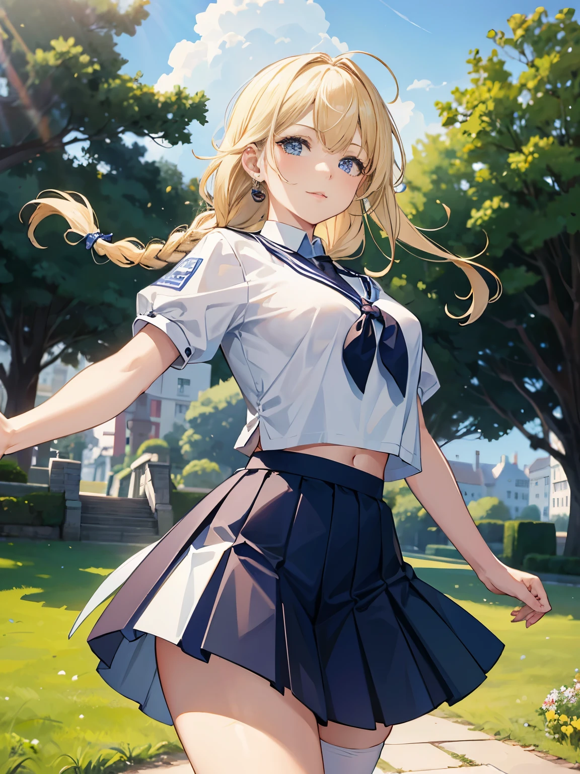 1girl, 8k, best quality, perfect body, UHD, meisterwerk, Beautiful girl, seductive girl, anime girl, Anime-Stil, ((wearing a white oversize top, wearing a short blue mini pleated skirt, wears high white stockings, short sleeves)), steht im park, ((blonde haare, lange haare, two braided braids, Big , sehr schlank, schmale thalie, sportlich, leichte bauchmuskeln)), posiert, sexy, cute, verschwitzt,(((zeigt bauch, bauchfrei))), stehend, schaut den betrachter an, macht sport, running