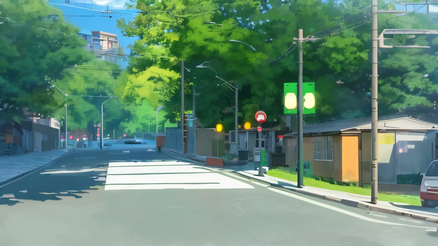 There is a street painting with traffic lights and stone walls, anime scene, Makoto Shinkai's style, Anime landscapes, Makoto Shinkai. —h 2160, studio glibly makoto shinkai, Shinkai sincerely, ( ( Makoto Shinkai ) ), kyoto animation still, Makoto Shinkai!