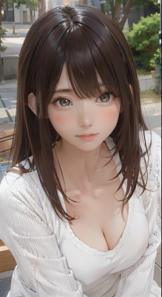 (1 girl:1.3), sexy pose, Because I'm slender,
(realistic:1.4), (masterpiece, highest quality, highest quality, official art), very detailed, most detailed, (super detailed), ((very delicate and beautiful)), cinematic light, (Realistic:1.3),
(high detail skin:1.2), High resolution, 8k UHD, 4k, 8k, Bokeh,
Digital single-lens reflex camera, absurd, Optimal ratio of 4 fingers and 1 thumb,
wood々in a park with,sitting on the bench,
((Silky long hair)), (brown hair), tears,
beautiful face, perfect face, highly detailed beautiful face,
cute, shy,blush,
dynamic angle, From above,looking at the viewer,
Wearing a brown sweater,skirt