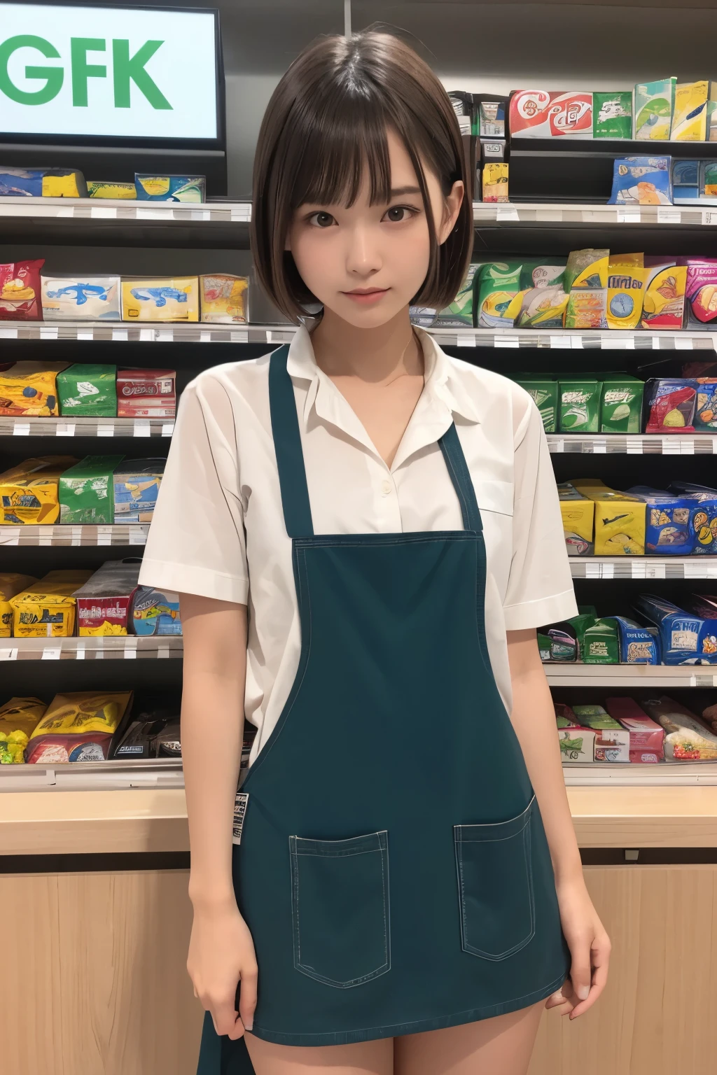 one girl, (a beauty girl, delicate girl:1.3), (15 years old, :1.3),歯を見せる笑顔
break, (shirt, green apron, family mart:1.3),巨乳
break, extremely fine-grained clarity, (symmetrical eyes:1.3),Plump thighs、full body figure、セミロングヘア
break, (Inside a convenience store:1.3), perfectly trimmed fingers,
break, small breasts, brown eyes, parted bangs, brown hair, girl,
break, (Eye and face details:1.0),
break, (masterpiece, highest quality, super detailed, detailed face, 8k)