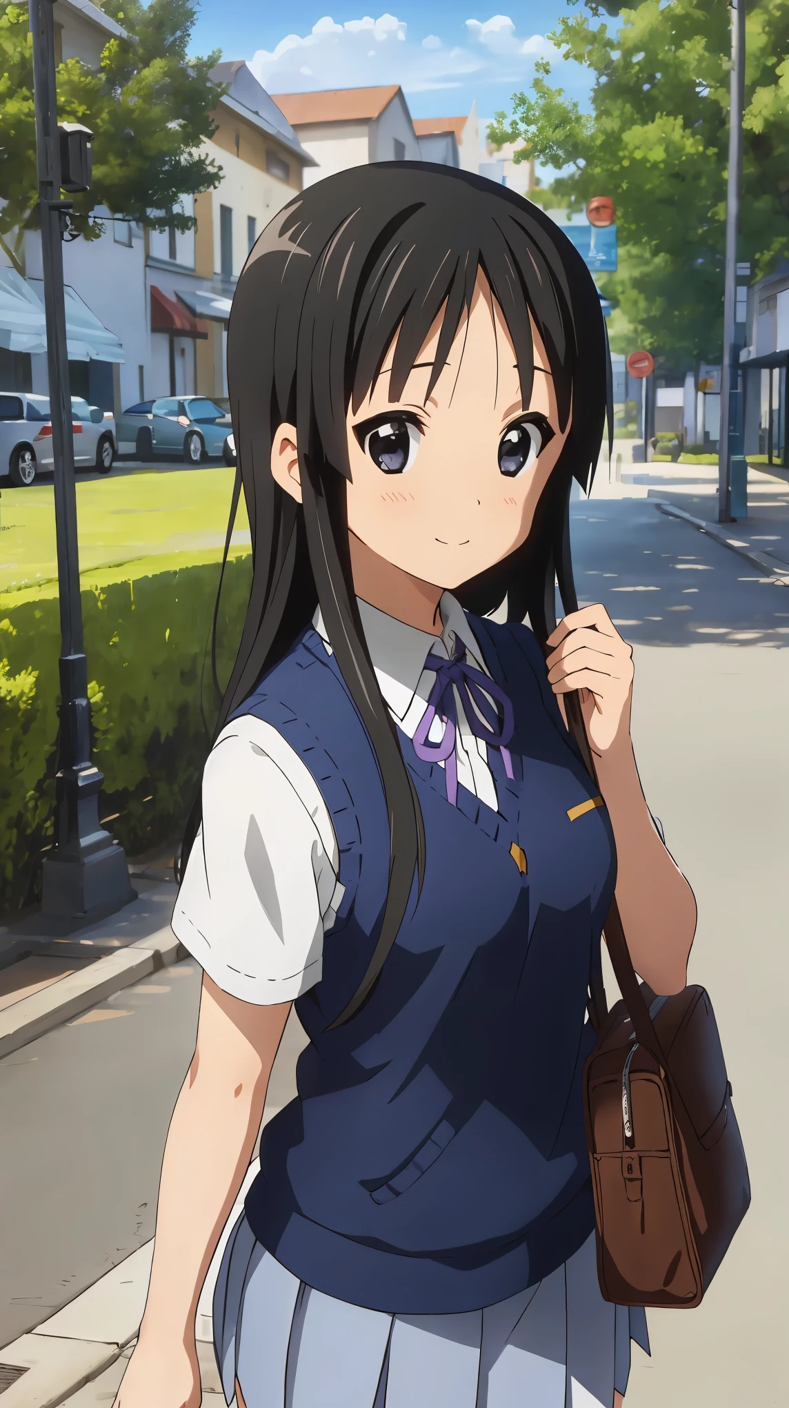 (((picture perfect))), 1girl, solo, mio akiyama, school uniform, sweater vest, short sleeves, looking at viewer, smile