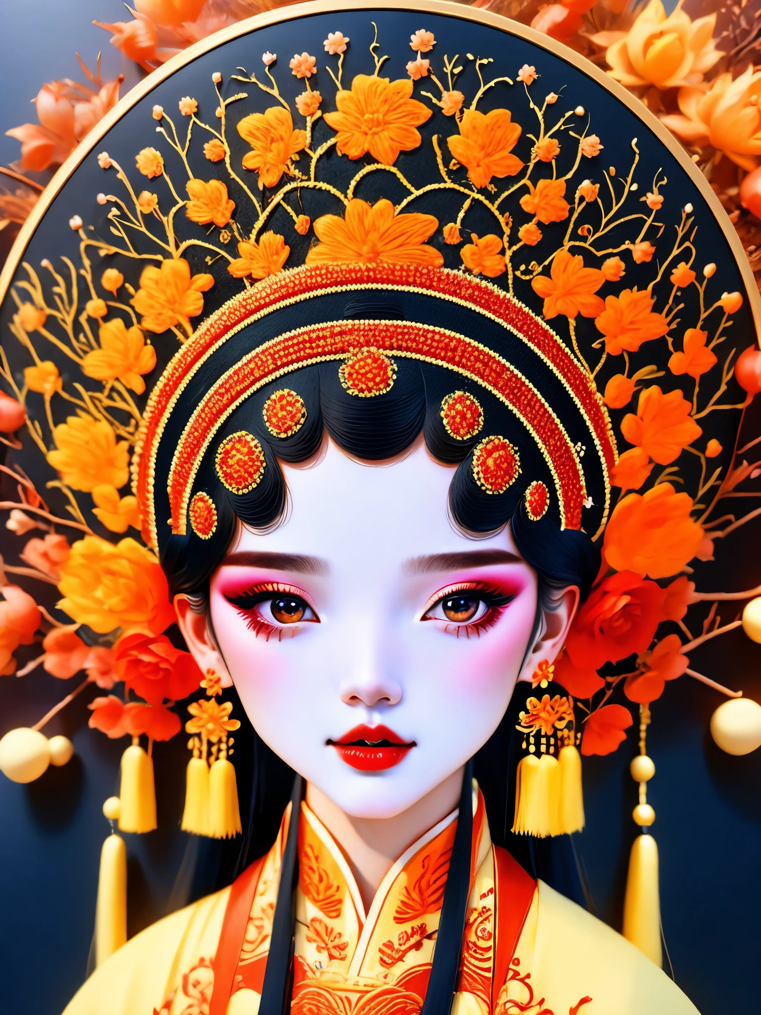 (masterpiece, best quality:1.2),round，embroidery：1.37. (1 girl, alone，beautiful).（Exquisite facial features，eyelash，blush，long hair，Exquisite makeup），黑色long hair，Hanfu，tassel，Butterfly，peony，symmetry，White background，