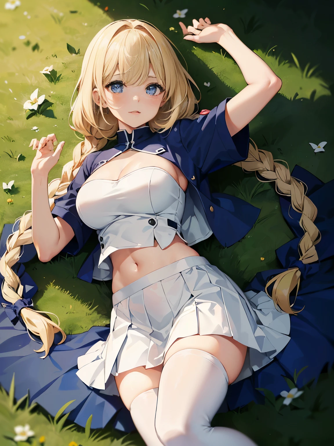 1girl, 8k, best quality, perfect body, UHD, meisterwerk, Beautiful girl, seductive girl, anime girl, Anime-Stil, ((wearing a white oversize top, wearing a short blue mini pleated skirt, wears high white stockings, short sleeves)), steht im park, ((blonde haare, lange haare, two braided braids, Big , sehr schlank, schmale thalie, sportlich, leichte bauchmuskeln)), posiert, sexy, cute, verschwitzt,(((zeigt bauch, bauchfrei))), stehend, schaut den betrachter an, macht sport, laufend