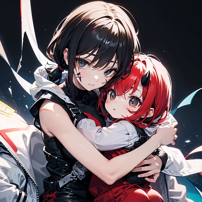 Young man with brown hair, white skin, grey t shirt, kissing girl with red hair, white skin wearing black tank top on the cheek, anime