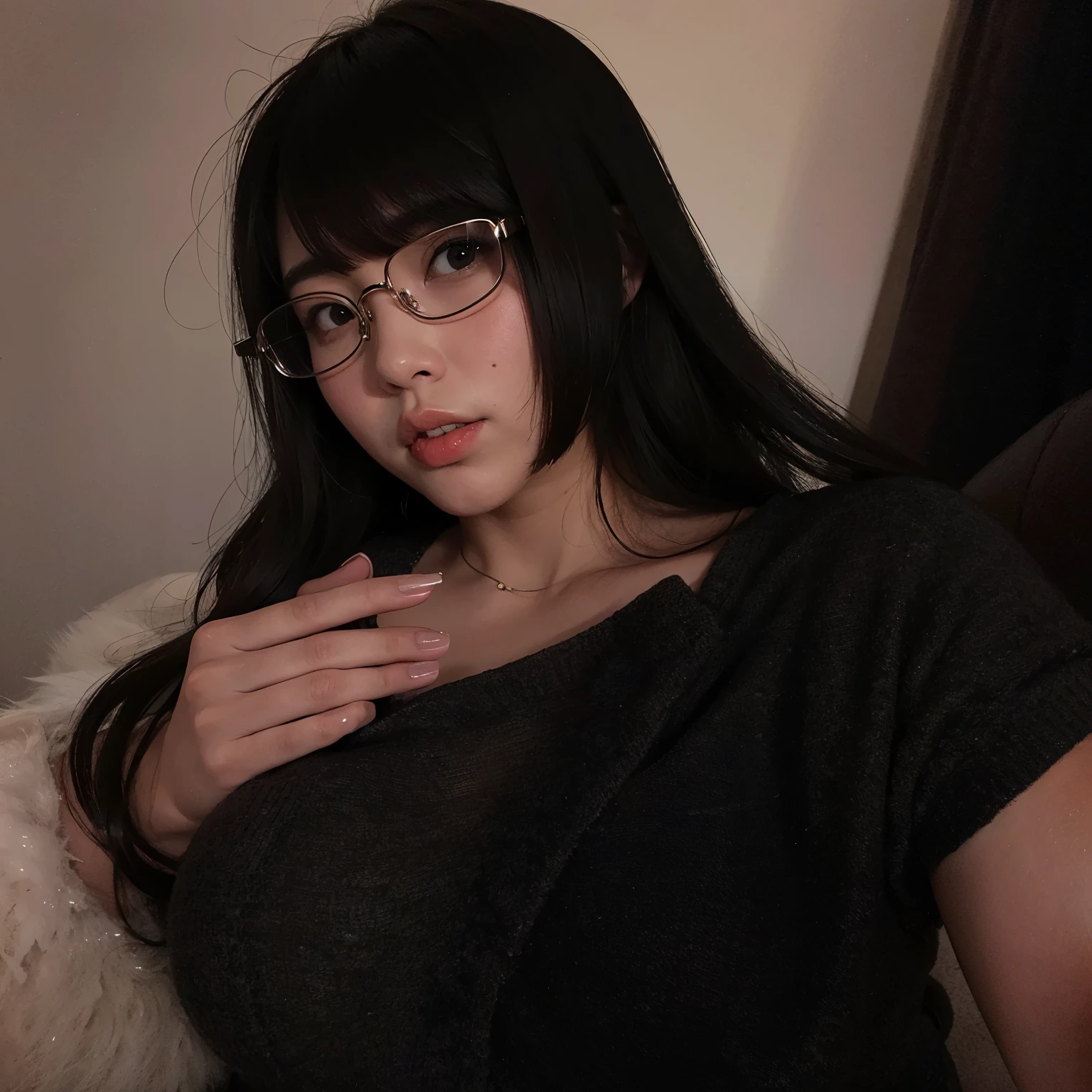 there is a woman with glasses sitting on a chair, japanese goddess, with glasses, Yoshitomo Nara, shikamimi, sakimichan, chiho, asian girl, thick glasses, clear lips and high quality, bbwchan, 18 years old, deayami kojima, kotegawa yui