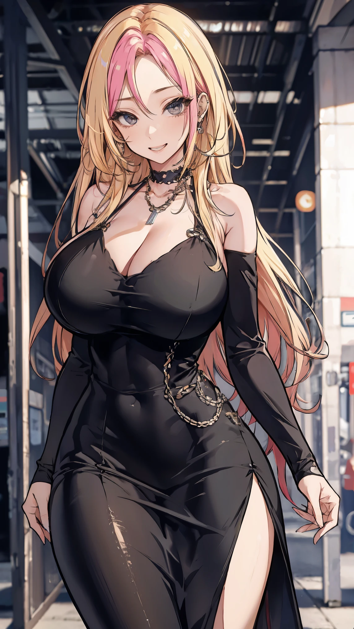 ((sagging breasts,mature female,huge breasts, gigantic breasts)),solo,grin,cowboy shot,gyaru,((nagatiti)),eyeshadow,lip,Shiny eyelashes,blonde hair, ((two-tone hair)),piercing, drill hair,((bare forehead)),taut dress, pencil dress, long sleeves, perfect fitted, tight clothes, cleavage, impossible clothes, long dress, collarbone,new york street, 