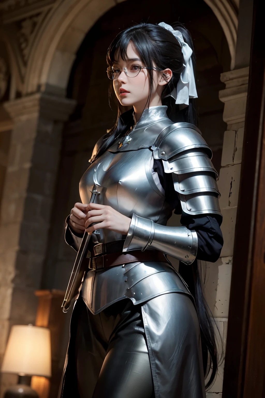 ((wide angle shot of the Hundred Years' War in France)), a beautiful woman, black hair in a ponytail, bangs, wearing glasses, wearing Jeanne d'Arc armor