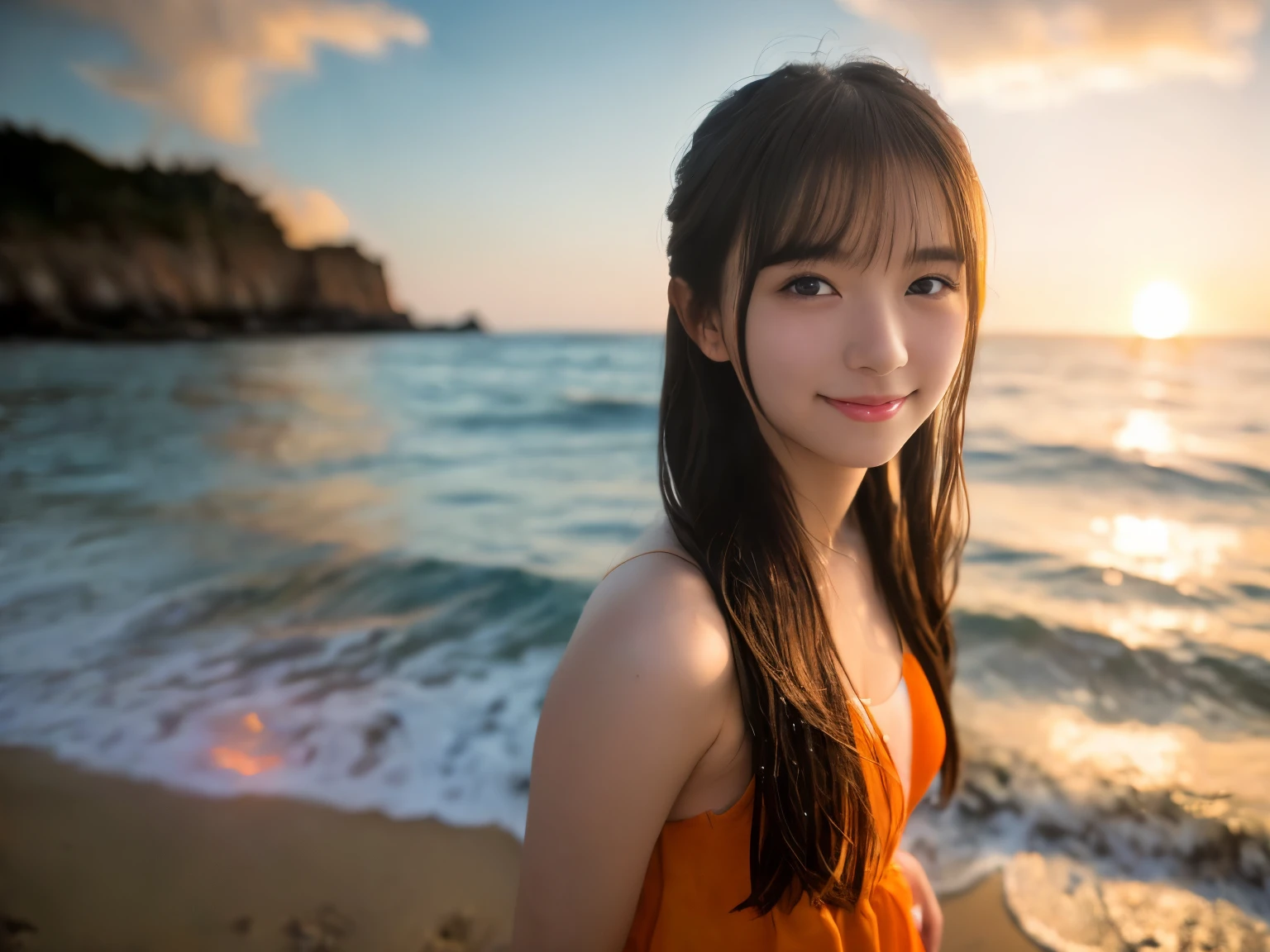 cornflower art、dream-like
( girl with beautiful eyes。The depth of field in the photo is perfect、Lens flare adds a nice accent。The detailed features of her face really stand out、、、、、、、、This photo definitely got a score of 10+。in the background、There was a beautiful sea with crystal clear water and water droplets floating on it.。It was a wonderful photo that perfectly captured the beauty of the girl and the water.　Full body Esbian　standing posture　Smile　looking at camera　The background is blurry　Photographed from bottom to top　Orange sunset　coastal　beach side　put your hands behind your back　Smile