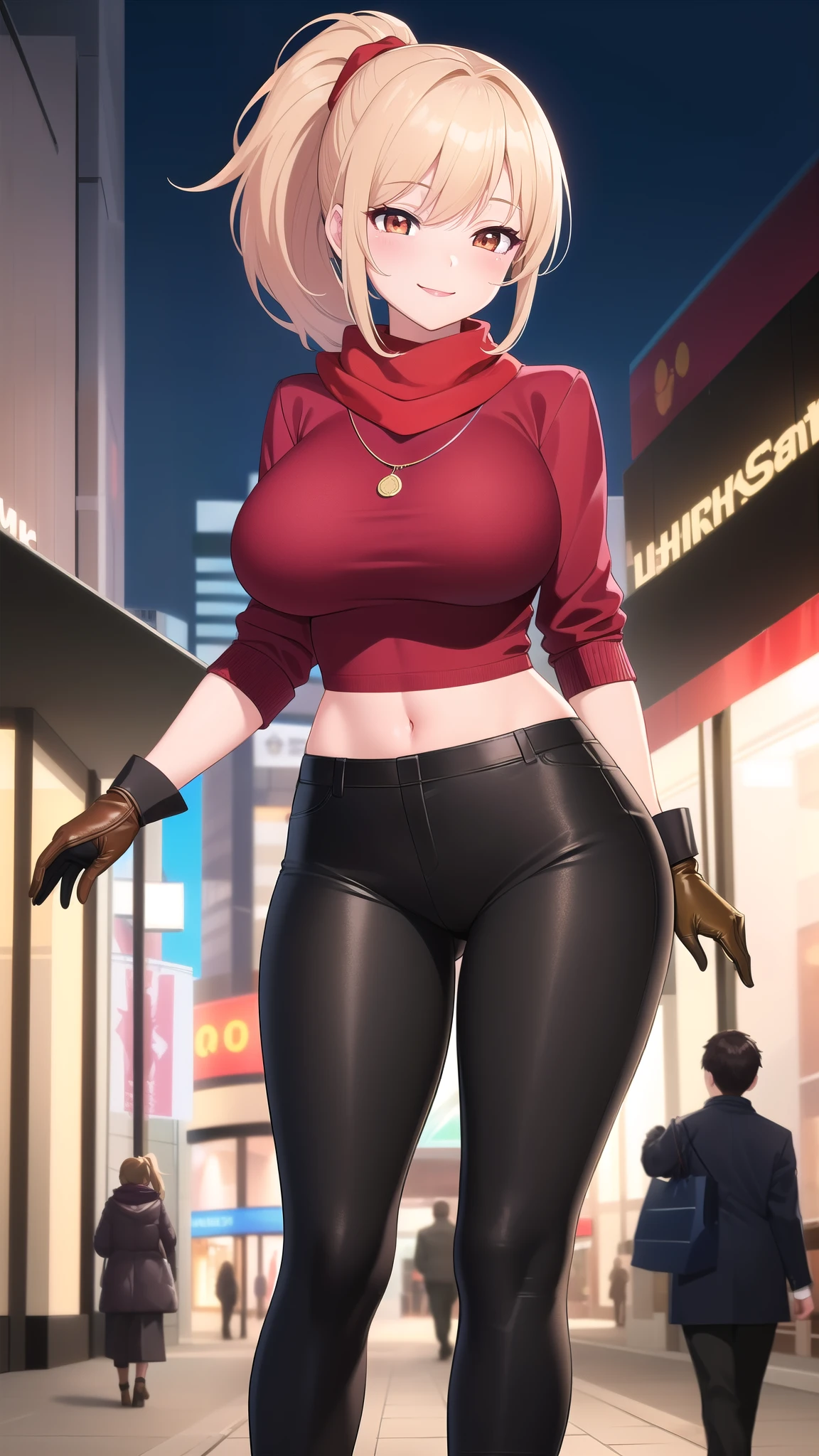 (best quality:1.5, highres, UHD, 4K, detailed lighting, shaders), brown ponytail, right hair bang, large breasts, gray turtleneck, black pants, sexy, erotic, lewd, standing, smiling, mall background, red scarf, gloves, necklace