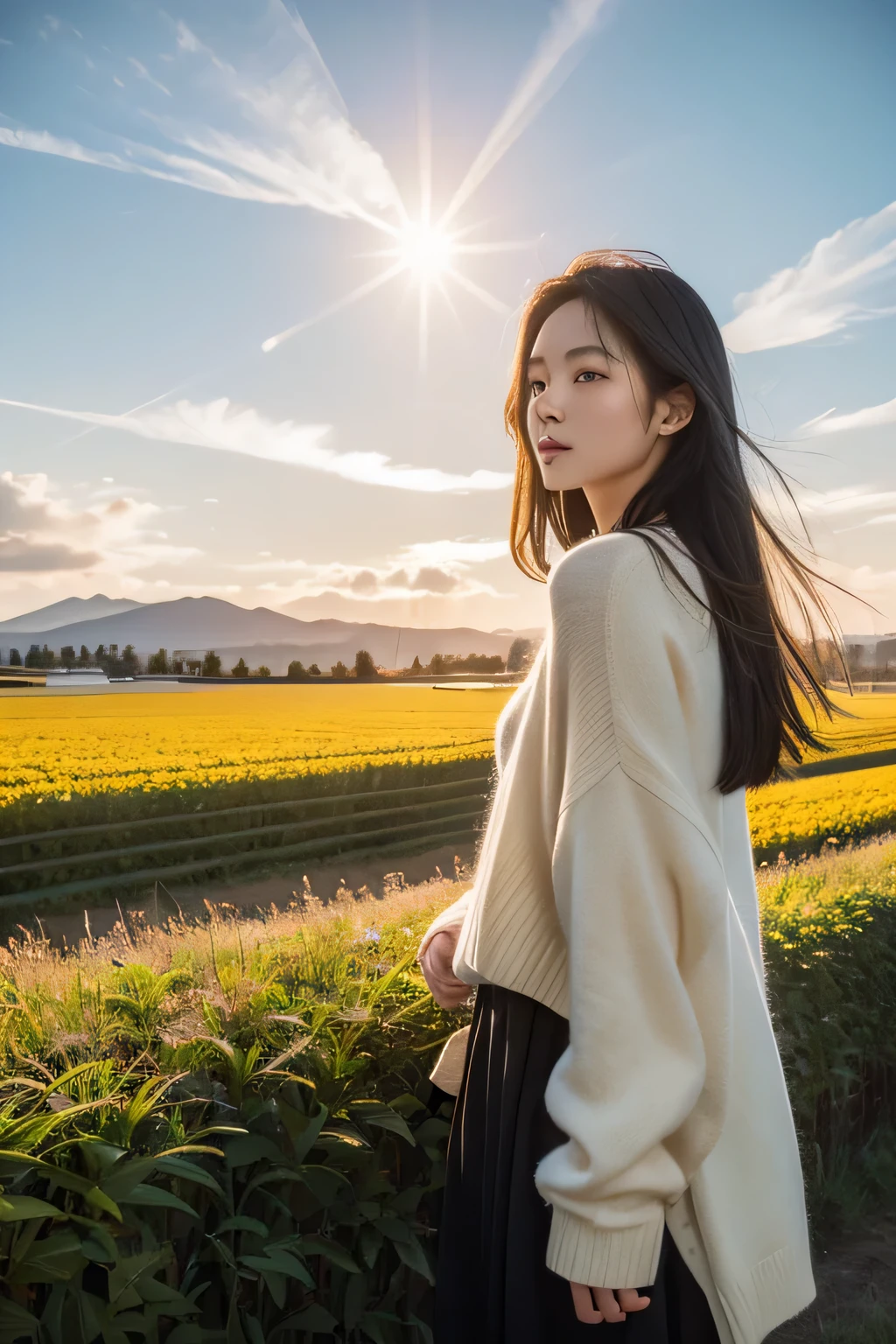 (authenticity: 1.3), beautiful, quality, Rembrandt lighting, (masterpiece: 1.2), (authenticity: 1.2), (Best quality), (Skin details: 1.3), (intricate details), dramatic, idyllic, Ray tracing, 1 girl, Chinese yellow girl, long black hair, 18 years old, sweater(grassland, sun, cloud, venue, farm, starlight, trace)
