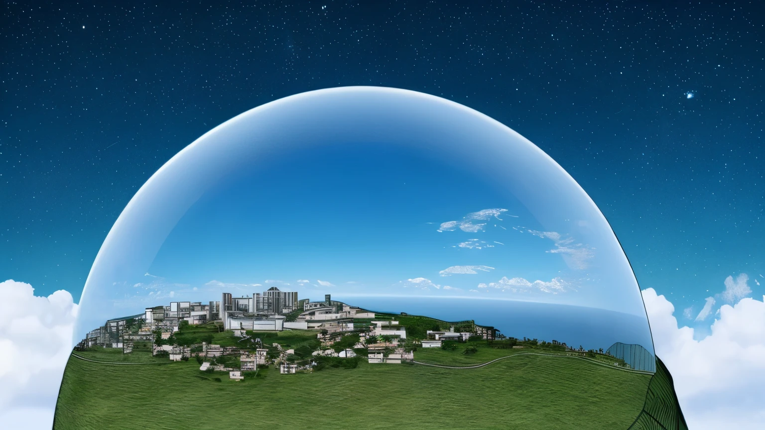 Certainly! Here's the updated prompt with the addition of a human figure, vegetation, and a telescope:
"Generate an image of an observatory located on top of a hill, surrounded by water. The observatory should have a glass dome at its top and lookout points around it to provide panoramic views. Ensure that the surrounding environment conveys a sense of serenity and tranquility, with a clear sky and some scattered clouds. Sunlight should gently illuminate the landscape, highlighting the details of the observatory and creating soft reflections in the surrounding water. Additionally, include a human figure near the observatory, some vegetation such as trees or bushes, and a telescope positioned within or near the observatory."
