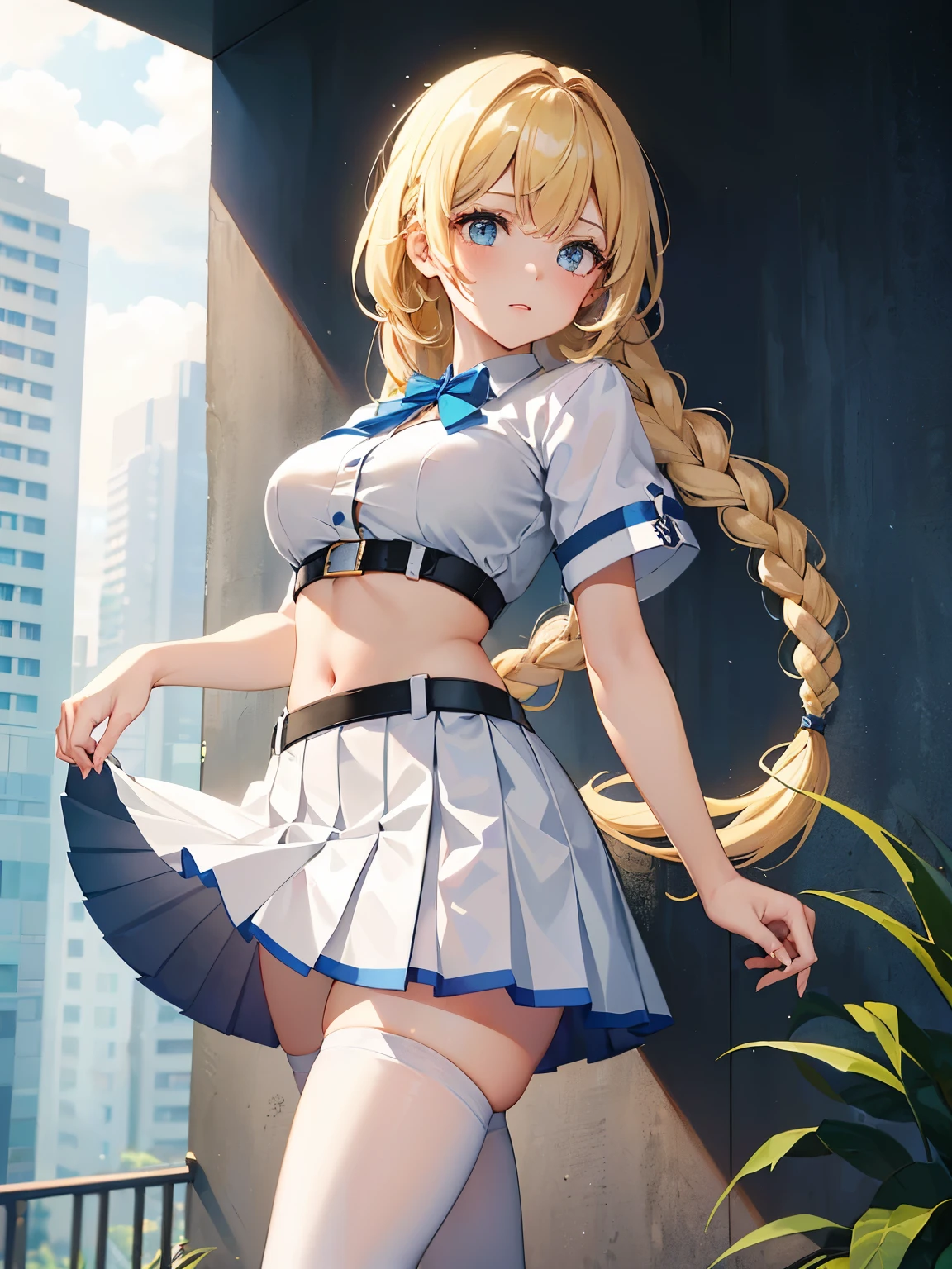 1girl, 8k, best quality, perfect body, UHD, meisterwerk, Beautiful girl, seductive girl, anime girl, Anime-Stil, ((wearing a white shirt, wearing a short blue miniskirt with pleats, wears high white stockings, short sleeves, schlanke oberschenkel)), steht im park, ((blonde haare, lange haare, two braided braids, Big , sehr schlank, sportlich)), posiert, sexy, cute, verschwitzt,(((zeigt bauch, bauchfrei!!!))), stehend, schaut den betrachter an