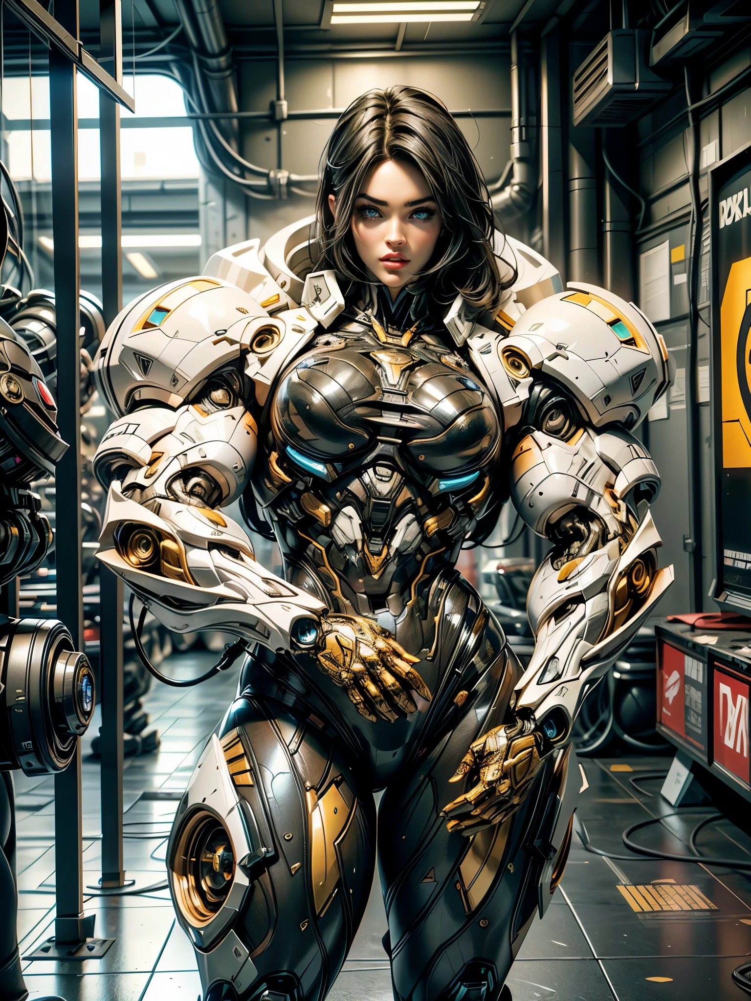 Cinematic, hyper-detailed, and insanely detailed, this artwork captures the essence of megan fox with breathtaking beauty. The color grading is beautifully done, enhancing the overall cinematic feel. Unreal Engine brings her anatomic cybernetic muscle suit to life, appearing even more mesmerizing. With the use of depth of field (DOF), every detail is focused and accentuated, drawing attention to her eyes and the intricate design of the anatomic cybernetic muscle suit . The image resolution is at its peak, utilizing super-resolution technology to ensure every pixel is perfect. Cinematic lighting enhances her aura, while anti-aliasing techniques like FXAA and TXAA keep the edges smooth and clean. Adding realism to the anatomic cybernetic muscle suit, RTX technology enables ray tracing. Additionally, SSAO (Screen Space Ambient Occlusion) gives depth and realism to the scene, the girl's anatomic cybernetic muscle suit become even more convincing. In the post-processing and post-production stages, tone mapping enhances the colors, creating a captivating visual experience. The integration of CGI (Computer-Generated Imagery) and VFX (Visual Effect brings out the anatomic cybernetic muscle suit's intricate features in a seamless manner. SFX (Sound Effects) complement the visual artistry, immersing the viewer further into this fantastic world. The level of detail is awe-inspiring, with intricate elements meticulously crafted, the artwork hyper maximalist and hyper-realistic. Volumetric effects add depth and dimension, and the photorealism is unparalleled. The image is rendered in 8K resolution, ensuring super-detailed visuals. The volumetric lightning adds a touch of magic, highlighting her beauty and the aura of her anatomic cybernetic muscle suit in an otherworldly way. High Dynamic Range (HDR) technology makes the colors pop, adding richness to the overall composition. Ultimately, this artwork presents an unreal portrayal of a super muscled cybernetic female android