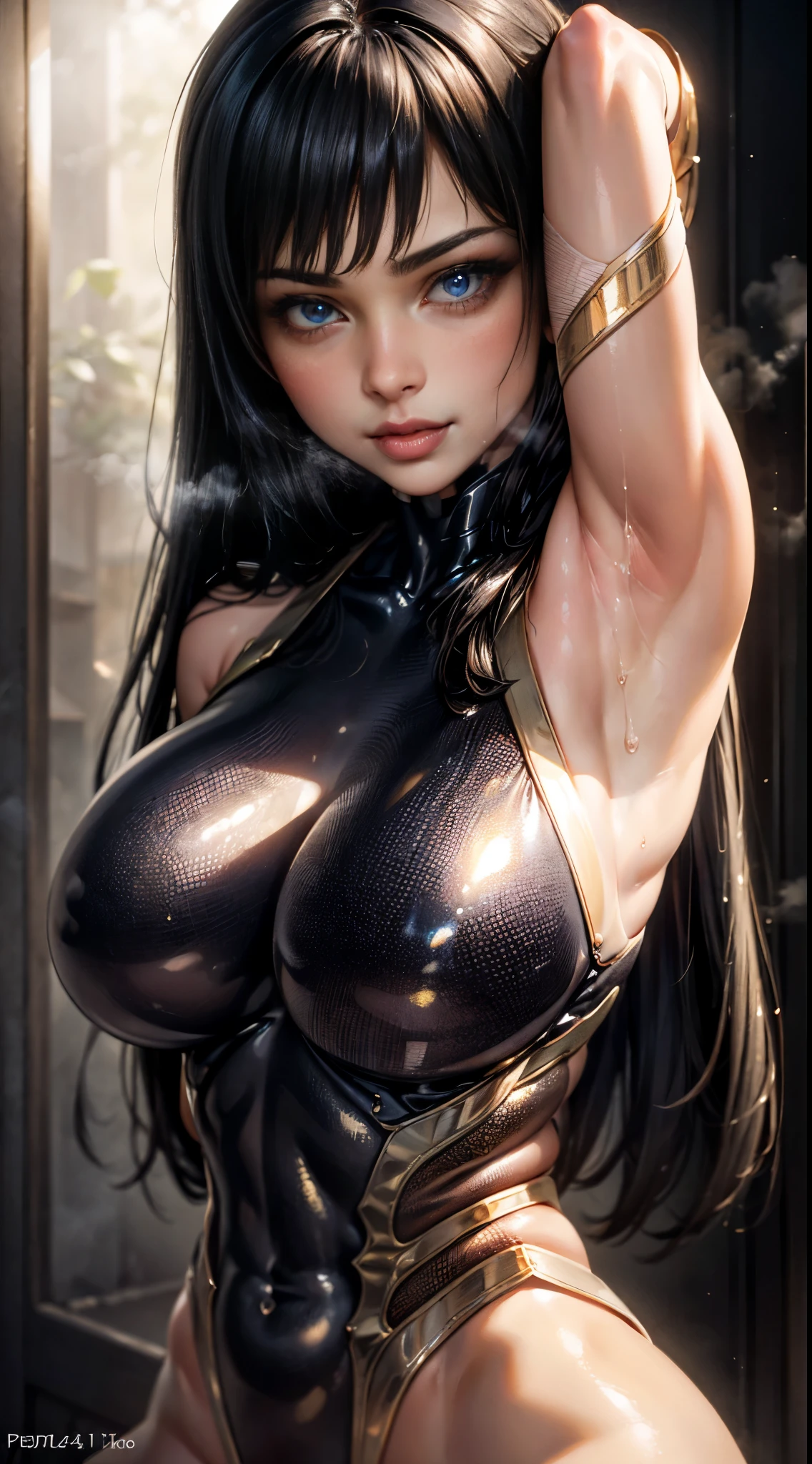 (best quality,4k,8k,highres,masterpiece:1.2),ultra-detailed,(realistic,photorealistic,photo-realistic:1.37),beautiful girl,long straight black hair,fit body,

ultra-detailed armpit,beautiful detailed sweat pores,smooth skin texture,meticulously rendered, pinkish armpit, smelly,

(sleeveless black bodysuit, glowing golden linings), (steamy:1.2), beautiful blue eyes, (seductive face:1.2),

((lightbloom)), volumetric lighting, soft lighting, bokeh.