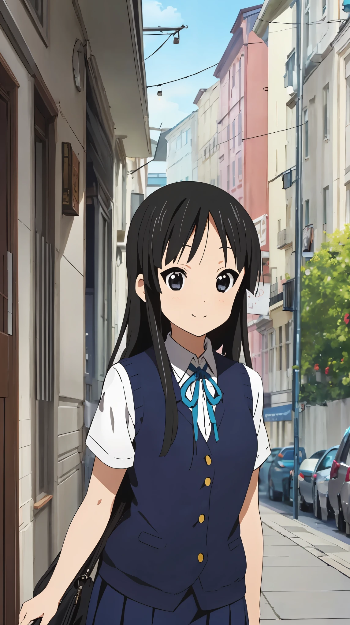 (((The picture is perfect))), 1girl, Single, Mio Akiyama, school uniform, sweater vest, Short sleeves, Looking at the scenes, He smiles