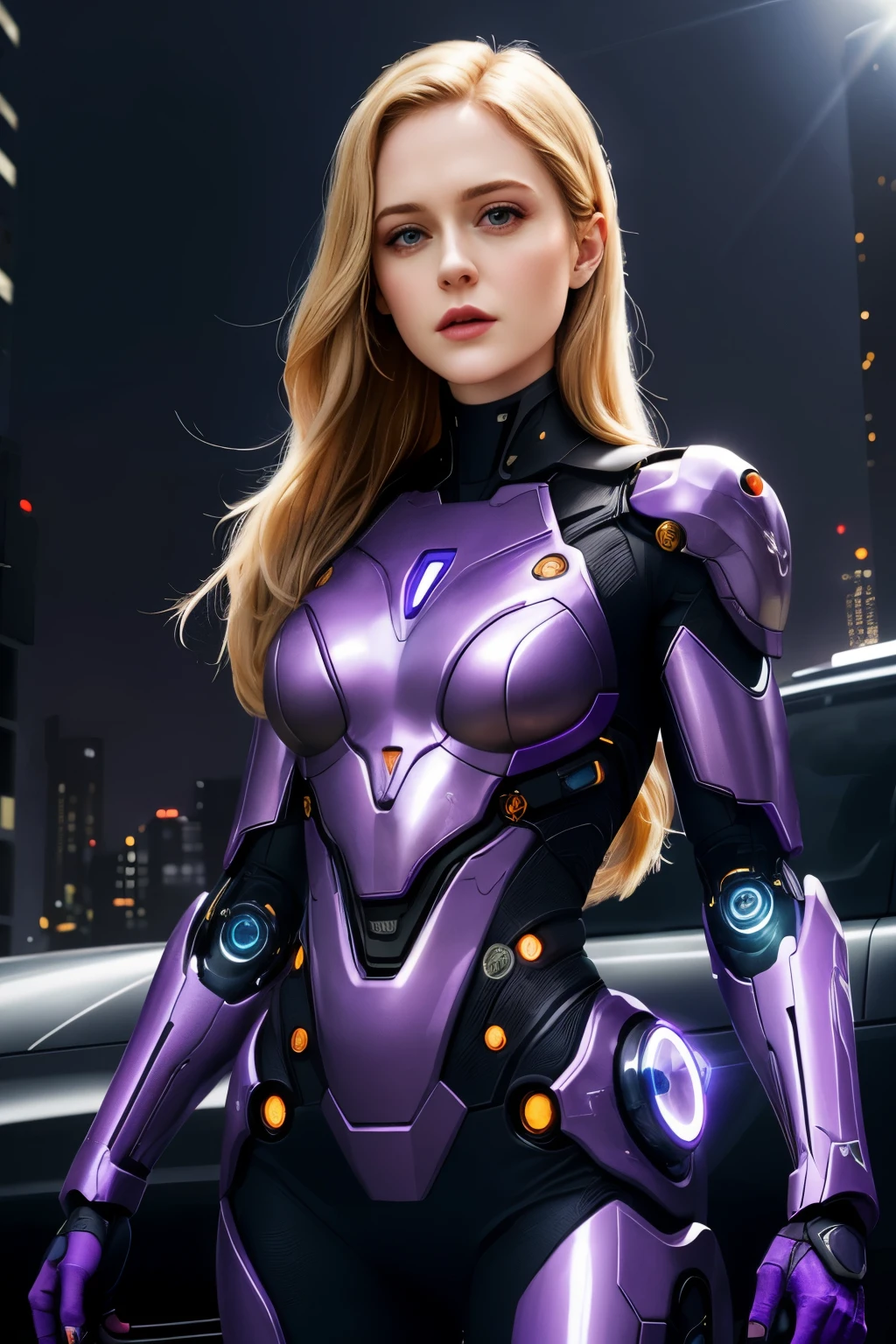 a beautiful, blonde and empowered woman, Evan Rachel Wood, cyborg and android, ultra realistic and futuristic, image in shades of purple. with the background of a futuristic city in shades of purple.